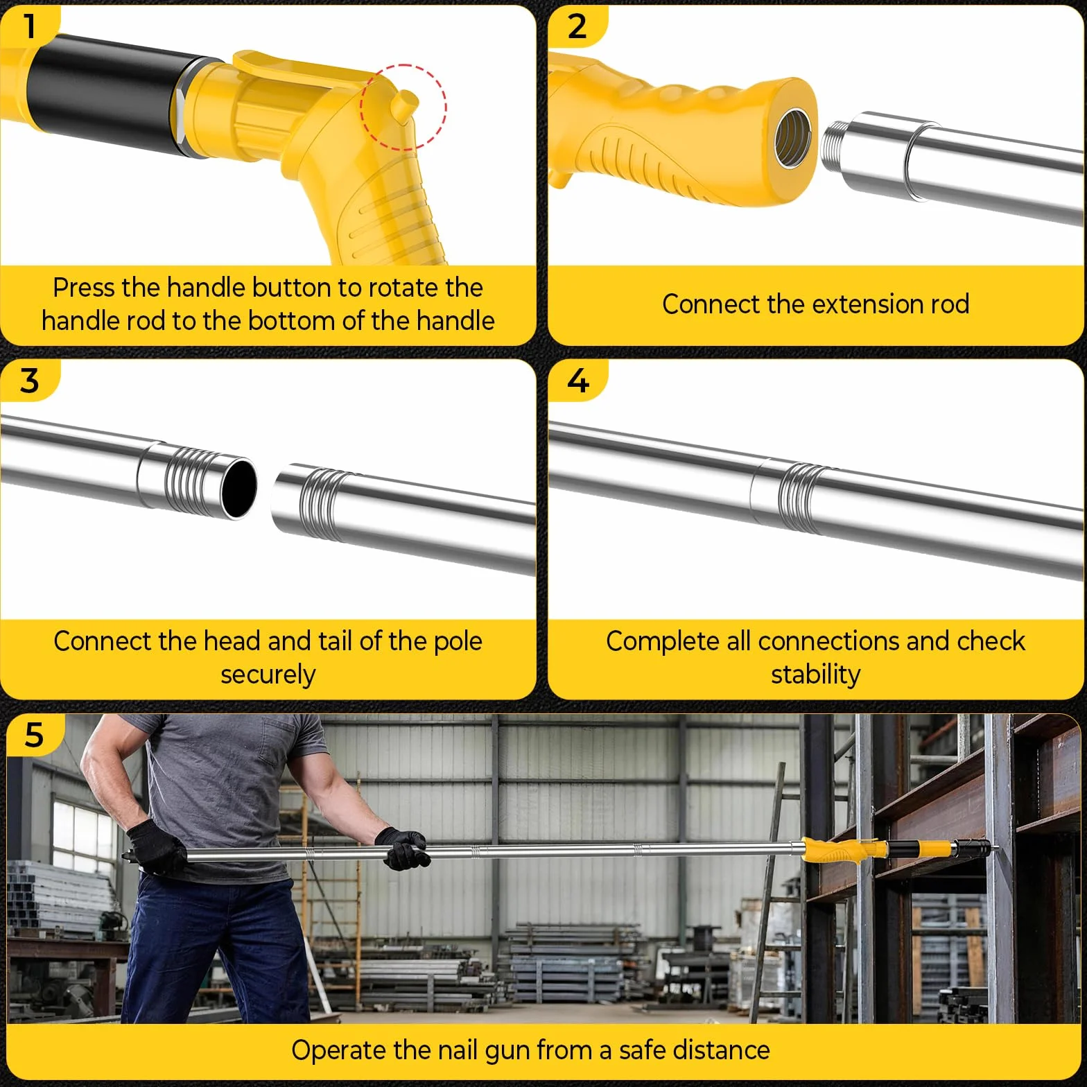 Pistola de Clavos, Clavadora Hormigon y Pistola Clavos Hormigon, 5 Niveles Potencia y Barra Extension para Fijacion Pared y Techo, Herramienta Manual Acero para Bricolaje y Profesionales