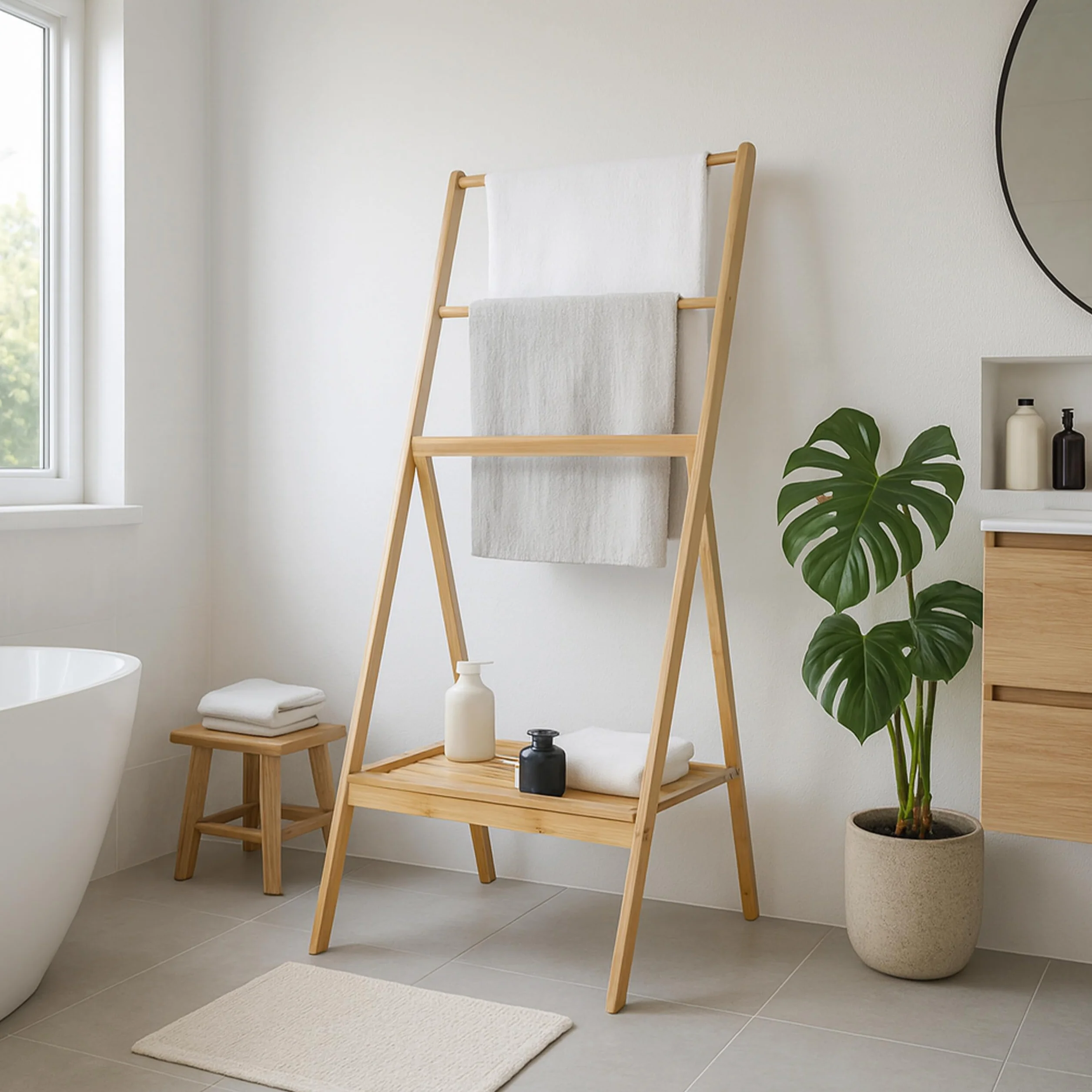 Relaxdays Toallero de bambú, Plegable, con Estante, 3 Barras, 112 x 55 x 44,5 cm, Soporte para Toallas, Color Natural