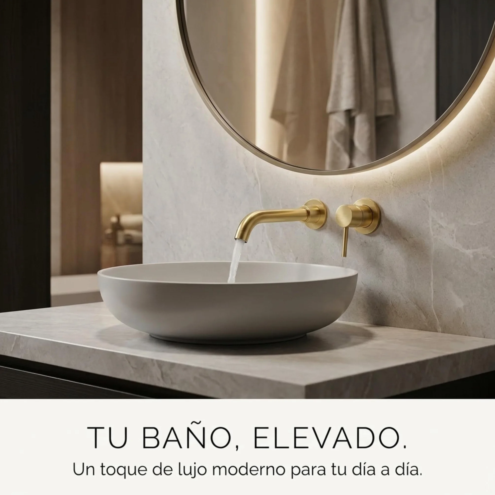 VALAZ Grifo Lavabo Dorado Cepillado Protección PVD Empotrado | Grifo Lavabo Monomando, Agua Fría y Caliente, Ahorro de Agua | Instalación Fácil | Latón, Inoxidable, Redondo, Caño 15 cm, Serie Guadiana