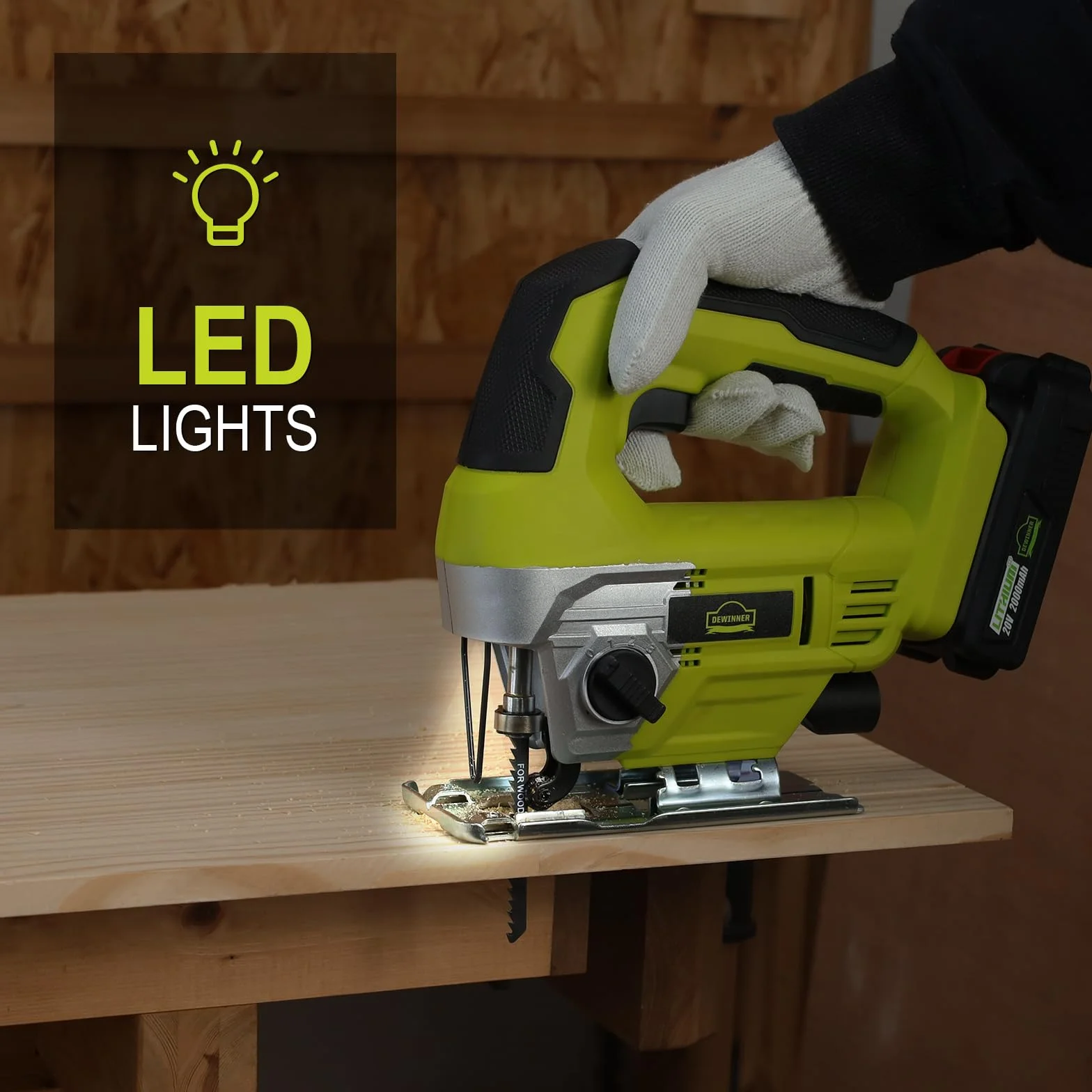 DEWINNER 20V Sierra de Calar inalámbrica,5 Hojas de Sierra,Luz LED,Corte en Bisel 45°,1 batería de 2,0 Ah, cargador y maletín en Caja