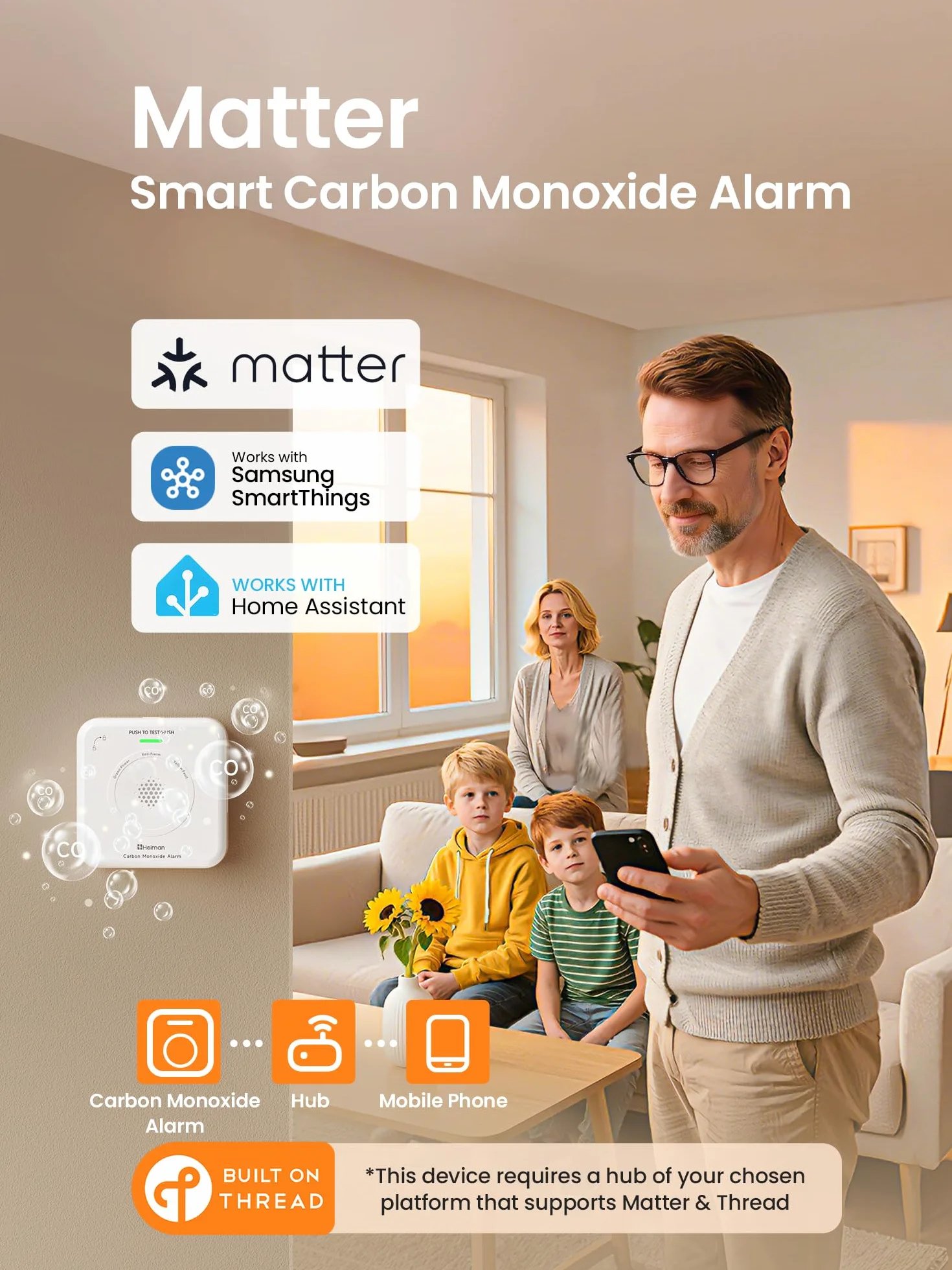 Heiman Detector de Monóxido de Carbono Inteligente Matter (Hub requerido) - Detector CO para SmartThings & Home Assistant, Certificado en 50291, Pilas reemplazables, Sensor de 10 años, 85dB