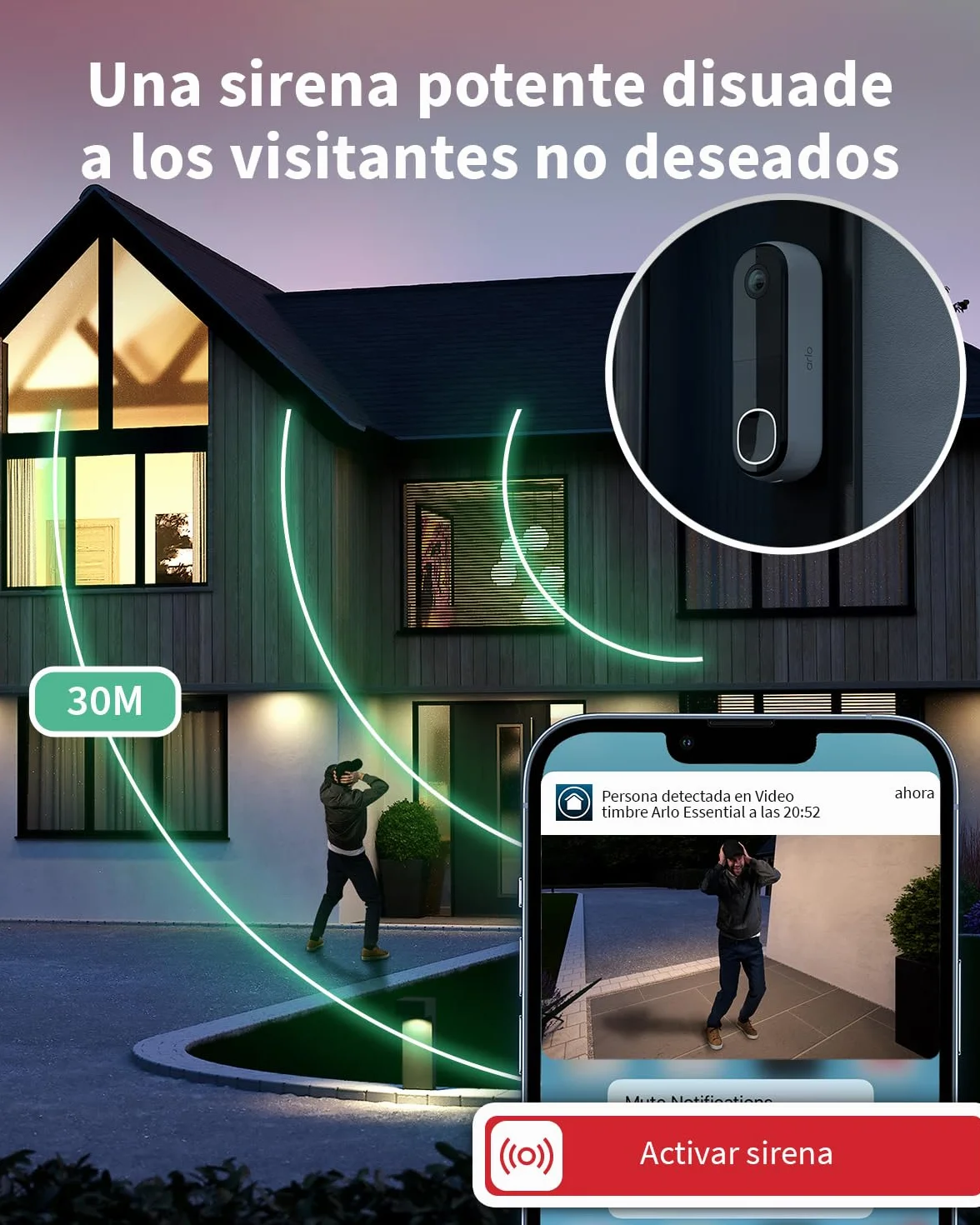 Arlo Essential FHD Videoportero WiFi, Cámara Exterior con Timbre, Detector de Movimiento, Visión Nocturna, Audio Bidireccional, Blanca