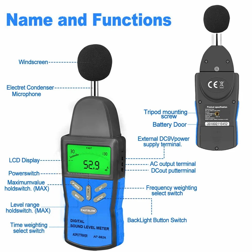 Medidor de nivel de sonido digital AP-882A 30~130dBA Decibelímetro con pantalla LCD