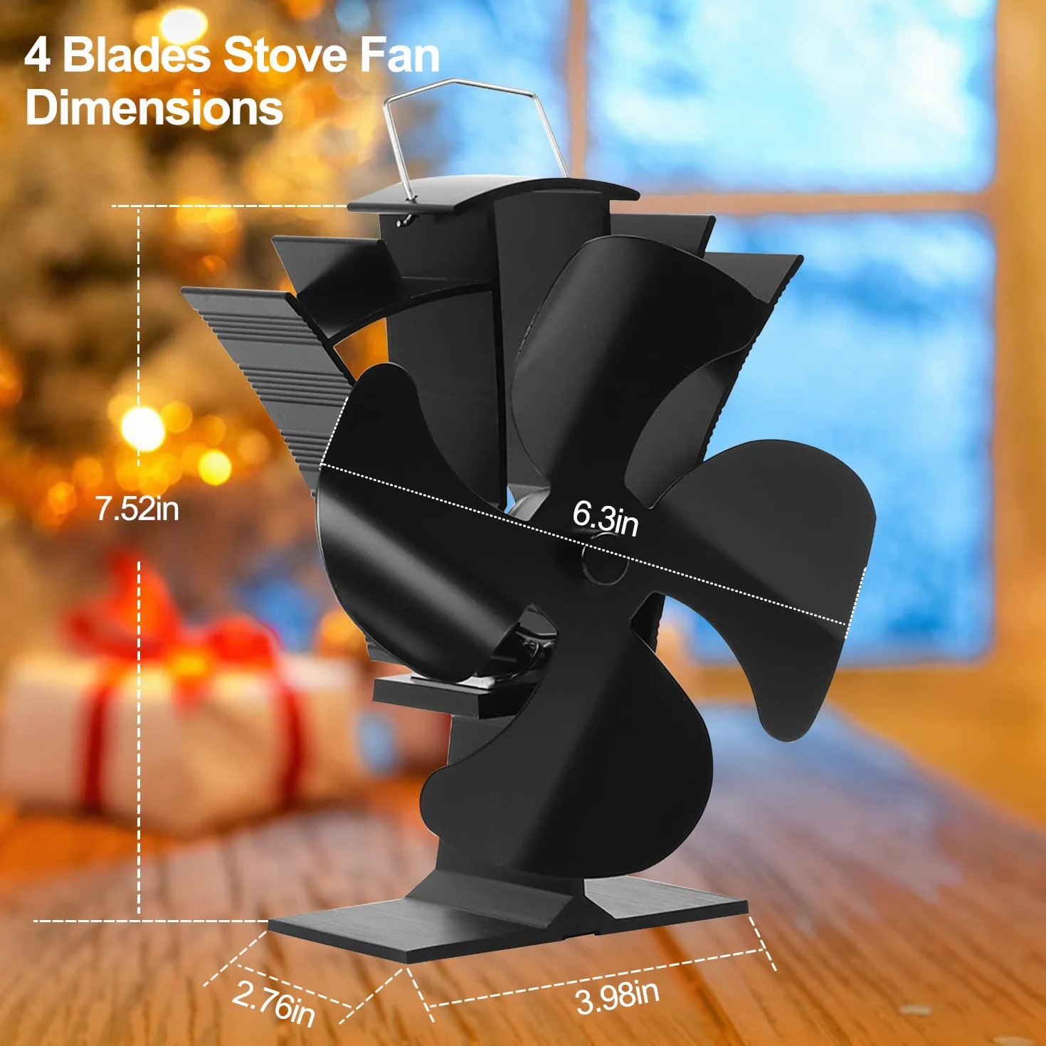 Tomersun Ventilador de quemador de leña pequeño de 4 aspas, ventilador de estufa de leña, ventilador de chimenea alimentado por calor, ventiladores ecológicos, circulación amigable para leña/quemador