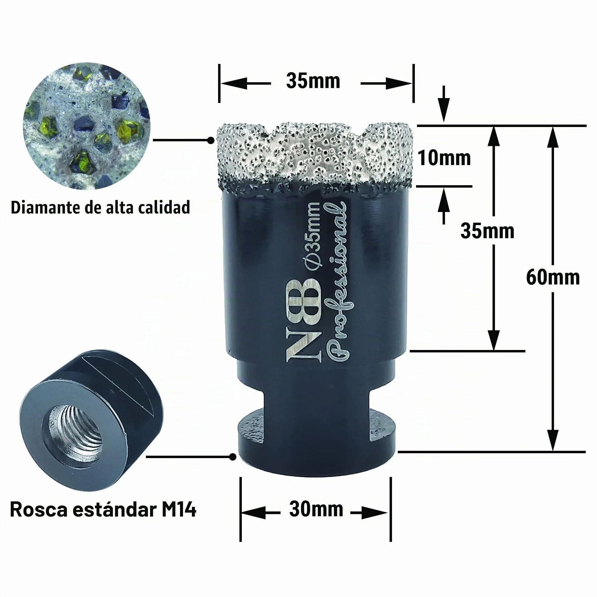 NBB Sierra de campana de diamante soldada al vacío con M14, para perforación profesional en seco o húmedo en porcelana dura, cerámica, azulejos, granito (35 mm)