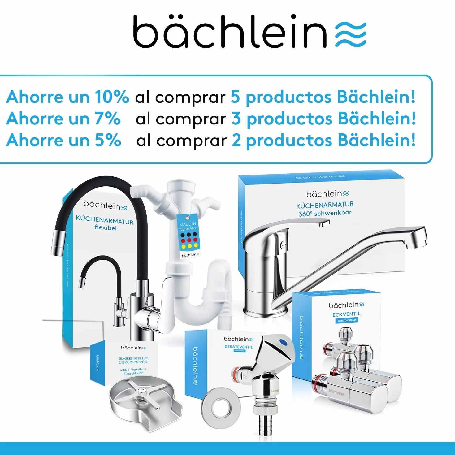 Bächlein G 1 1/4 Sifón de Lavabo Plano 32 mm para Baño - Ahorro de Espacio - Hecho en Alemania