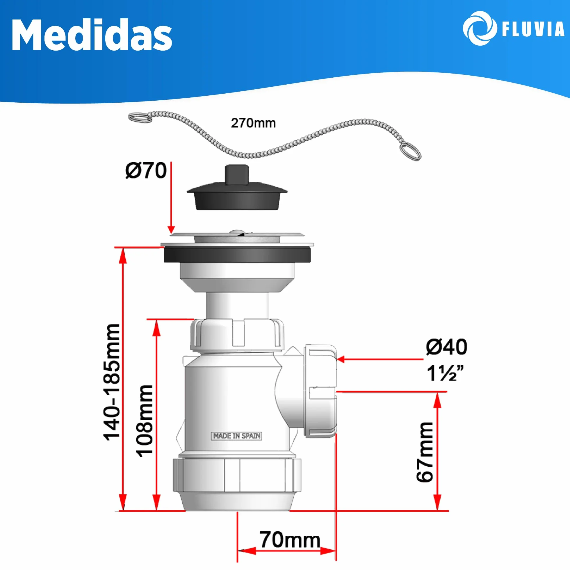 Sifón de Botella Corto Extensible para Lavabo y Bidé | Racor 1" 1/2 | Salida Ø40 mm | Polipropileno | Antiolor | F-3 Fluvia