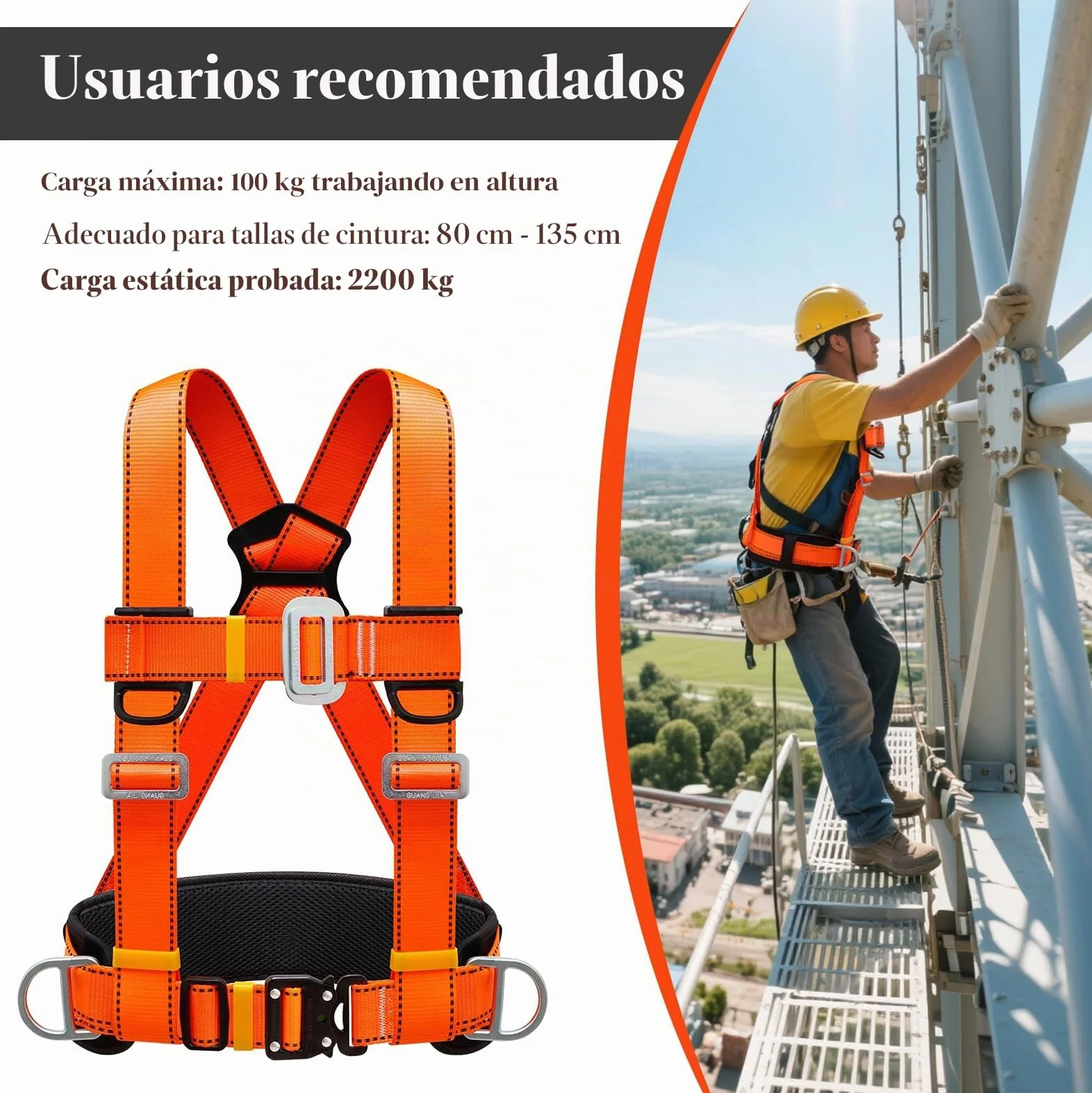 Kit de Arnés de Seguridad Anticaídas, 100 kg, Soporte Vientre Engrosado, Hebilla Grande 1,6 m