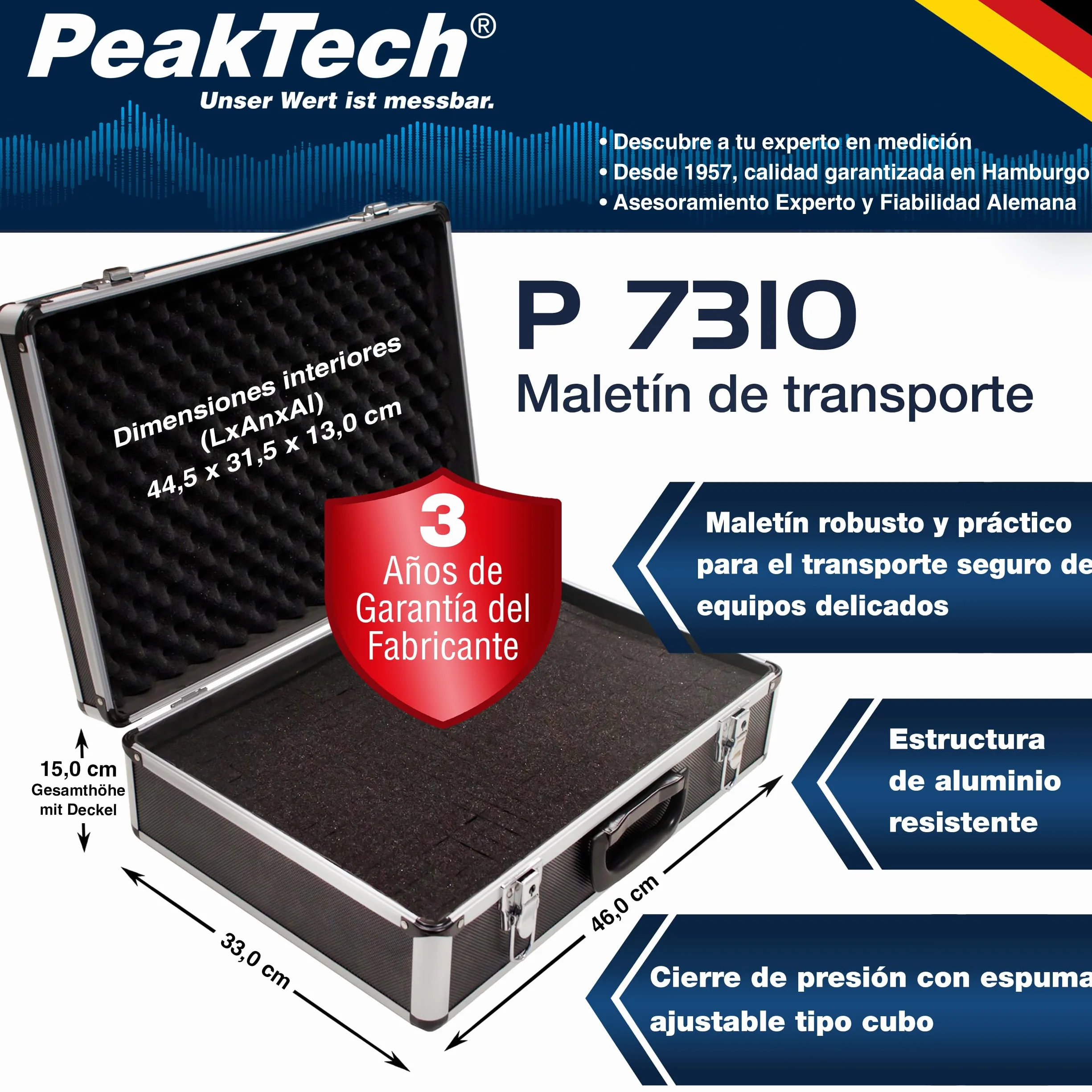 PeakTech P 7310 Maletín universal para instrumentos de medición, resistente, con cerradura
