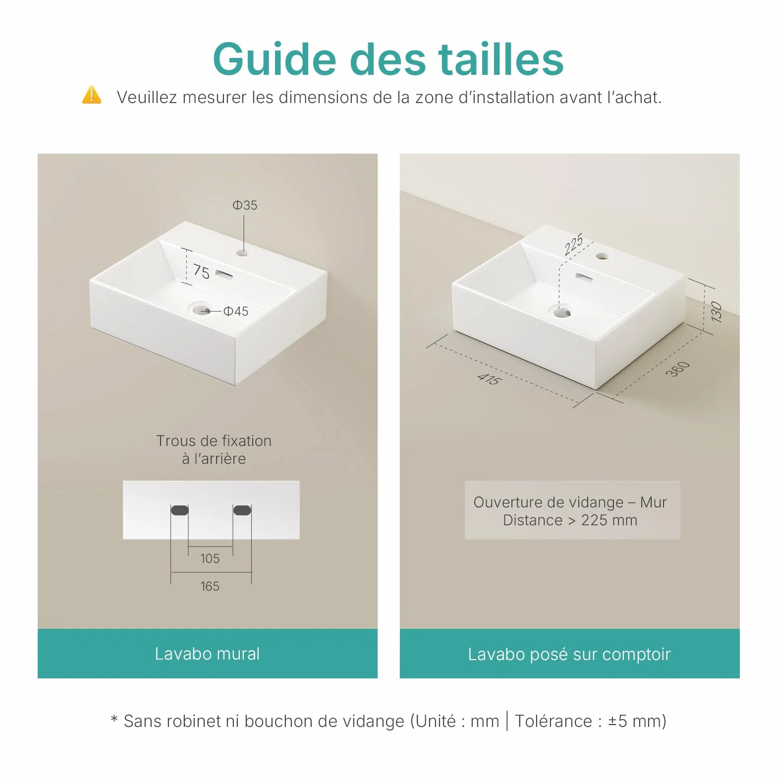 EMKE Lavabo de diseño moderno, lavabo colgante de cerámica de alta calidad con borde fino, lavabo para cuarto de baño y WC invitados, 415 x 360 x 130 mm, blanco, lavabo cuadrado, lavabo en plano
