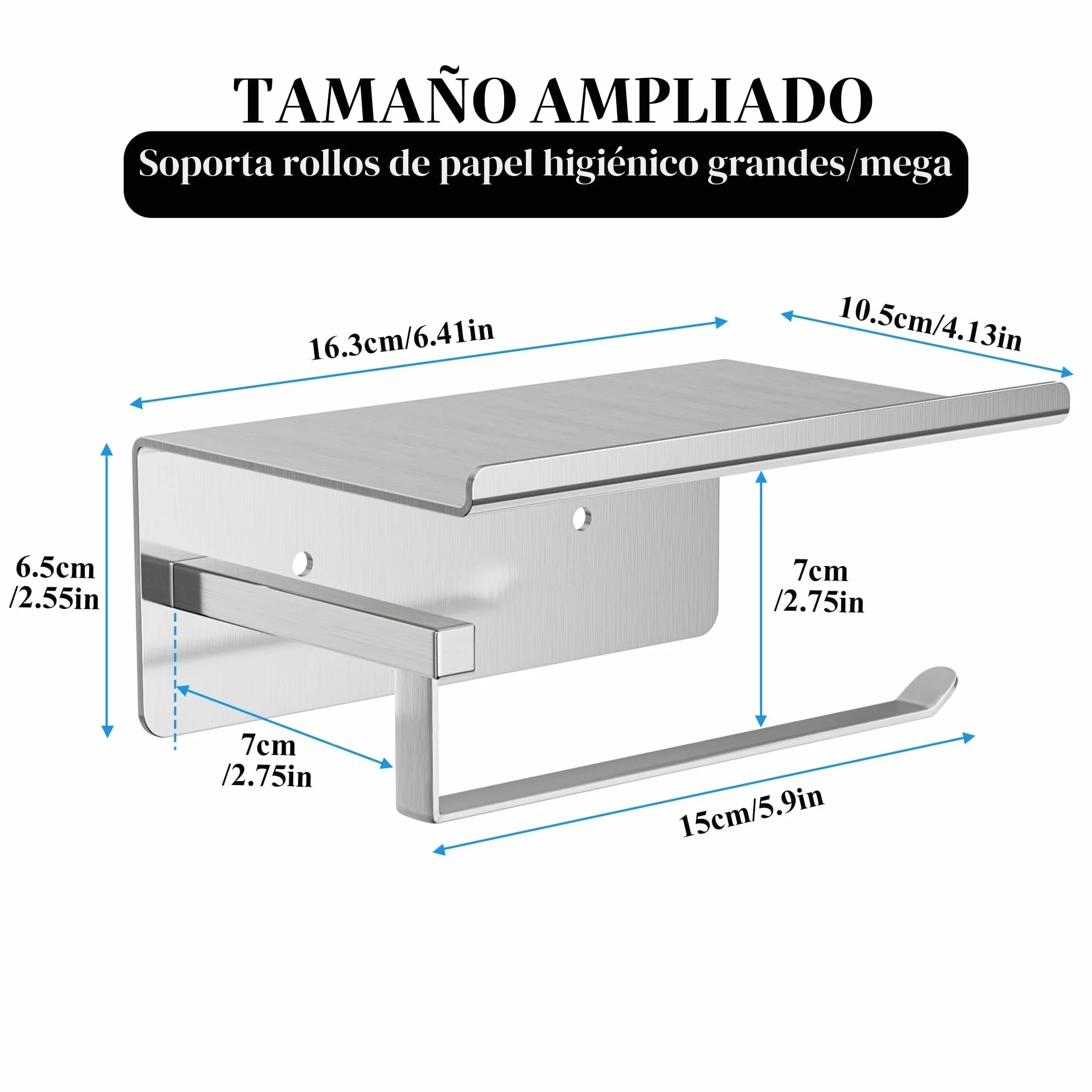 susswiff Soporte para papel higiénico con estante cromado – Soporte para rollos de papel higiénico, autoadhesivo, sin taladrar, soporte de papel higiénico para baño, acero inoxidable, plateado