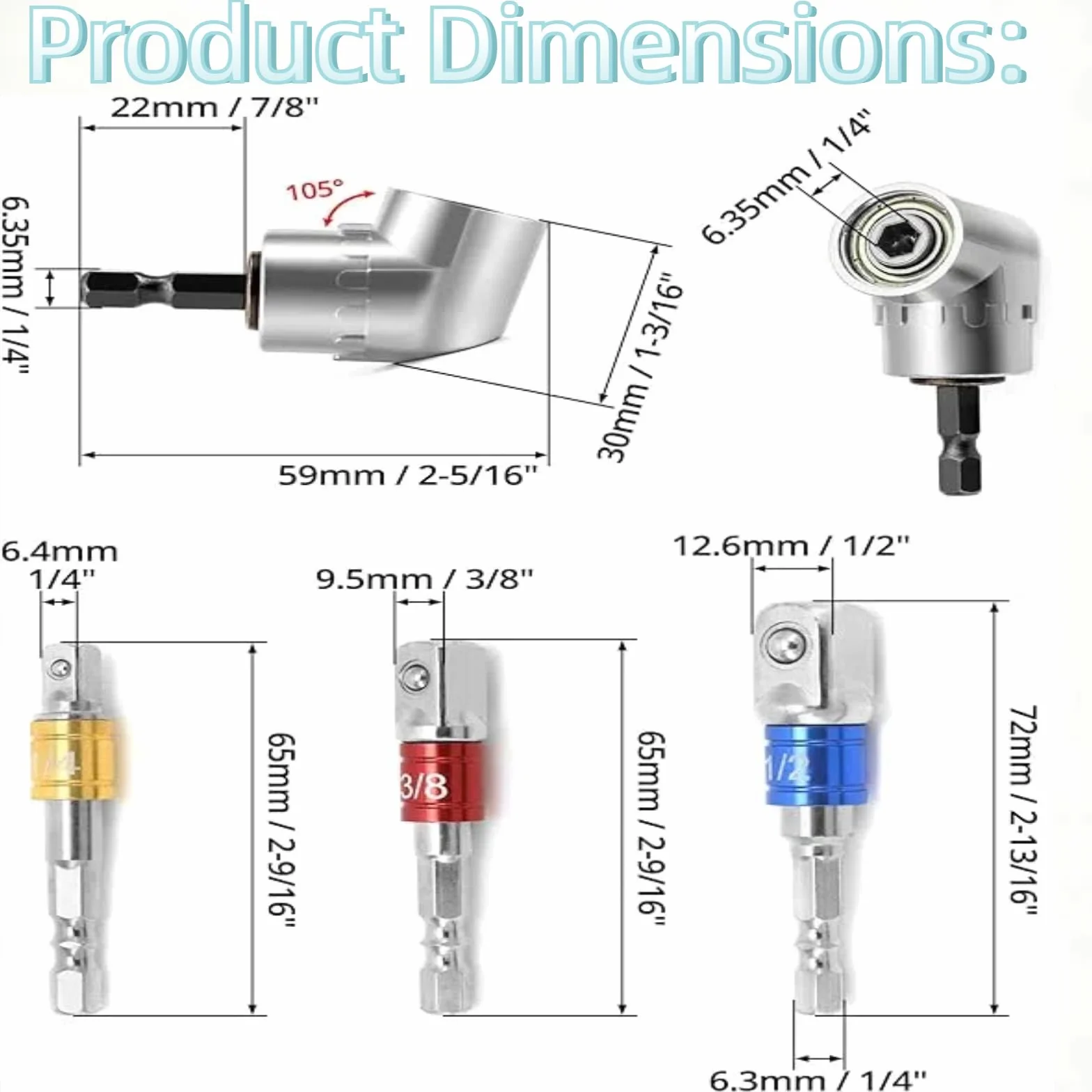 Adaptador de Destornillador Angular, Adaptador de Taladro de 105 Grados, Ángulo Recto Taladro Socket Brocas,Adaptadores de Broca Cardán,Extensor Flexible,Accesorios Taladro,1/4", 3/8", 1/2"