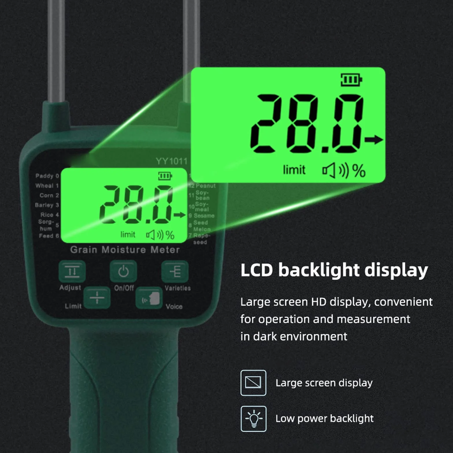 Ausla Medidor de Humedad para Granos, Pantalla LCD con Retroiluminación Sonda Doble Varilla Acero Transmisión Voz en Tiempo Real para Trigo Maíz Arroz Soja y 14 Cultivos