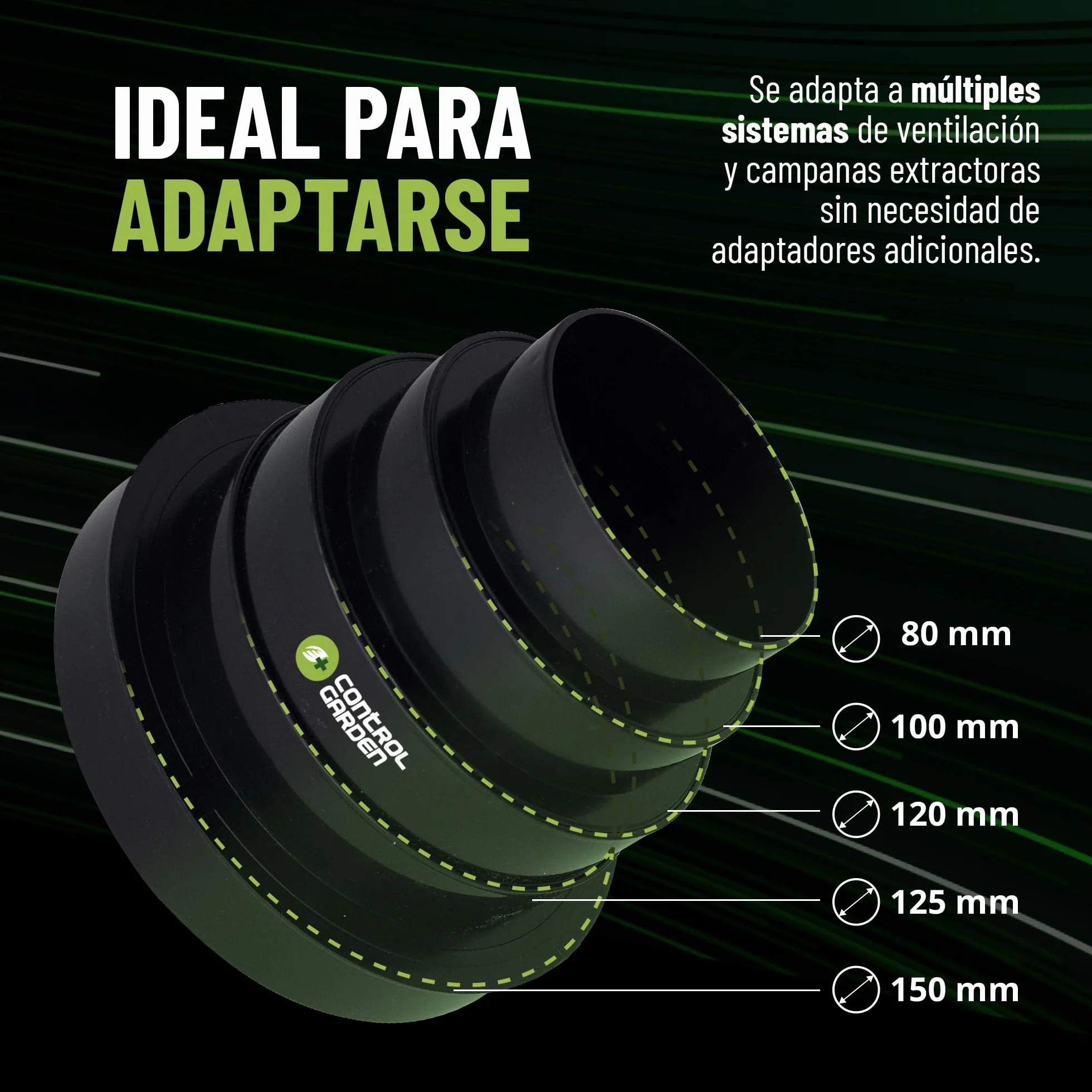 CONTROL GARDEN Reductor Universal para Sistemas Ventilación - Acople Conector para Conductos Ventilación Diámetro Ø 80 100 120 125 150 mm - Reductor Tubo Negro