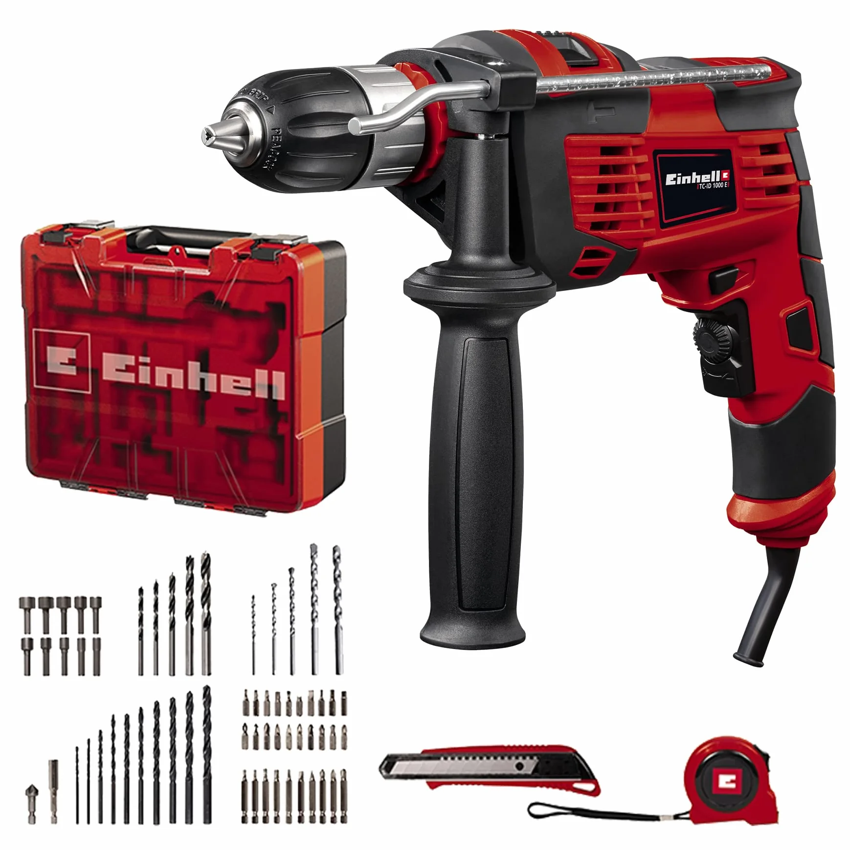Einhell Set de taladro percutor TC-ID 1000 E Kit +64 (1010 W, electrónica de velocidad, portabrocas de sujeción rápida 13mm, nº de impactos 48000 min-1, incl. set accesorios de 64 piezas y maletín)