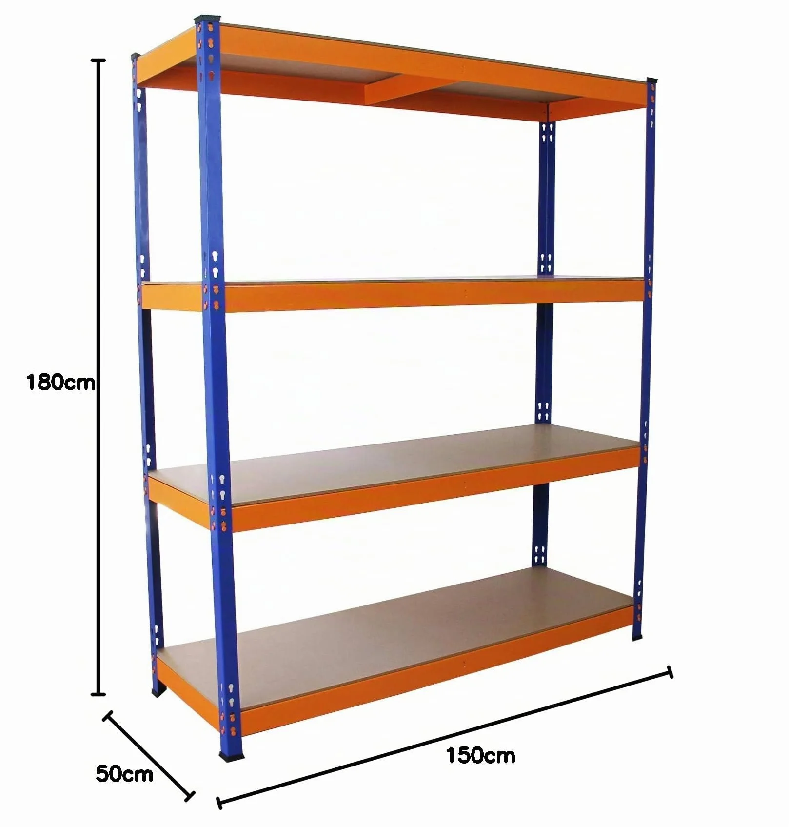 Estantería Metálica Azul y Naranja S-Rax Sin Tornillos 150x50x180cm de 4 Estantes Baldas Repisas Capacidad 265kg por Estante Almacenamiento Almacenaje Herramientas Cobertizo Oficina Taller Garaje