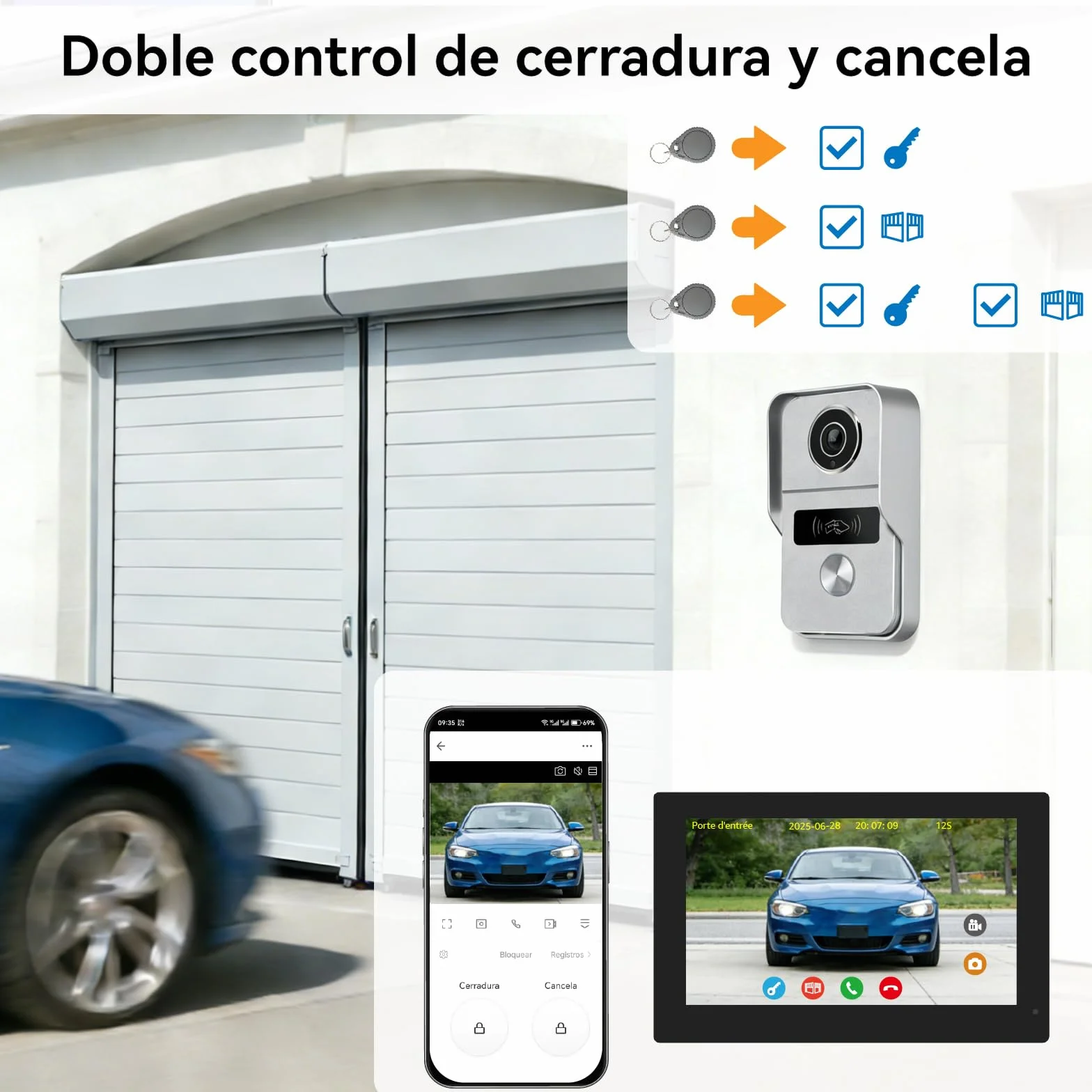 Videoportero Smartphone 2 Hilos, Timbre Video Mirilla y 7'' Pantalla Táctil, Visión Nocturna, Desbloqueo Remoto, Audio Bidireccionall para Chalet,casa, 2,4/5GHz, 1 cámara y 2 monitores