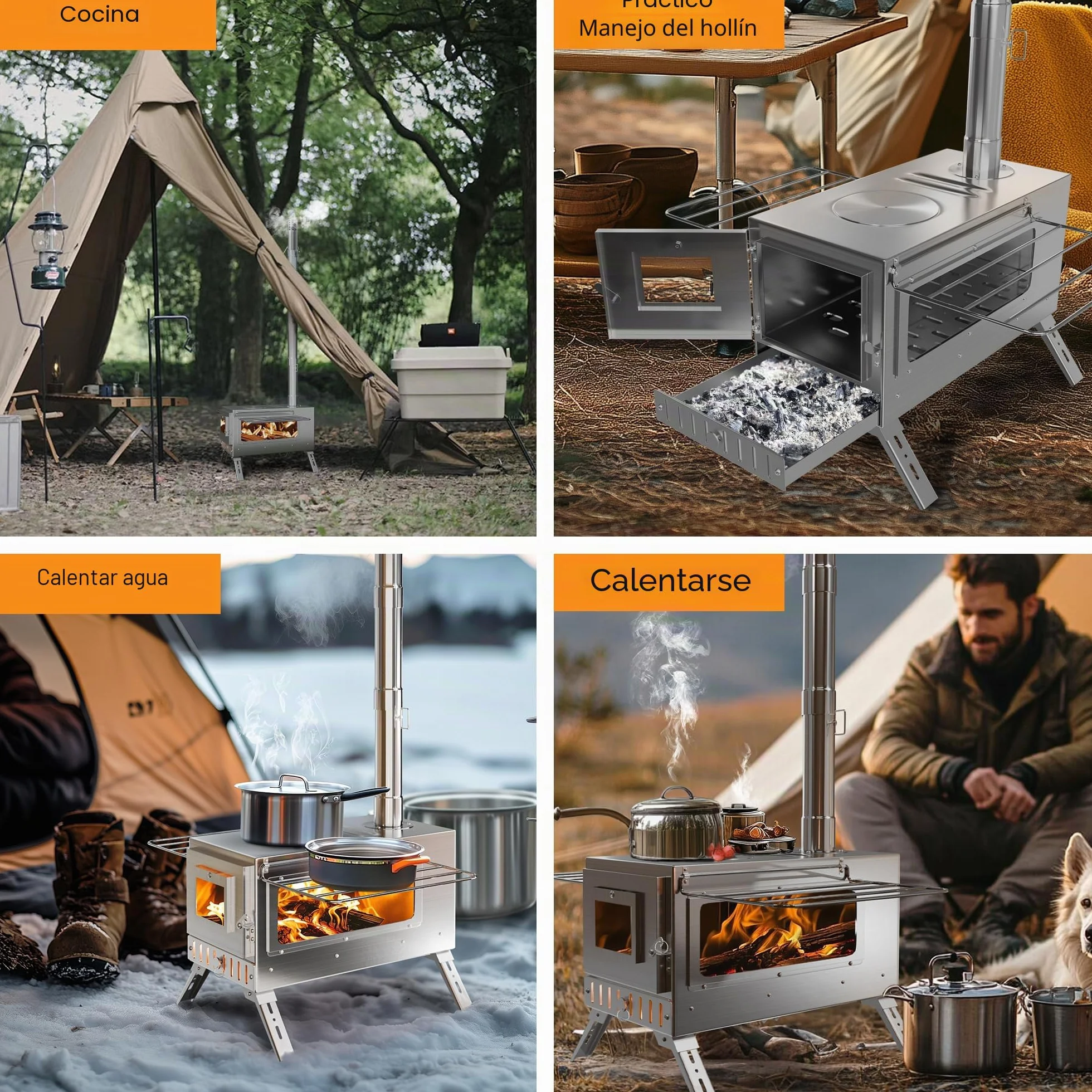 UNHO Estufa de Leña Portátil Plegable con Chimenea de Acero Inoxidable para Tienda de Campaña