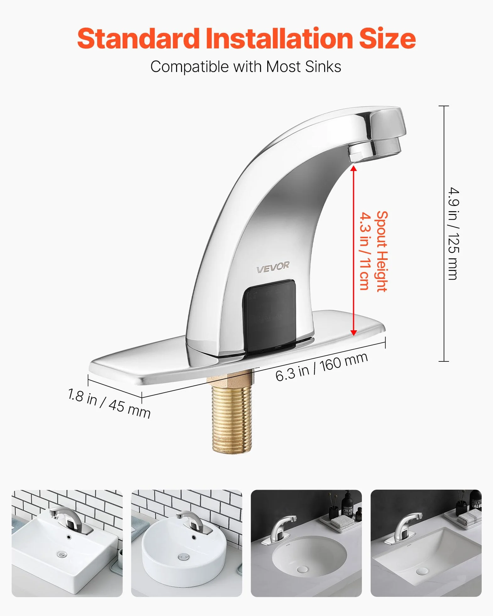 VEVOR Grifo de Lavabo Automático sin Contacto a Baño, con Sensor y Tapa, Alcance 16 cm, Grifo a Pilas para Inodoro y Lavabo, Diseño Delfín, Aleación de Zinc, Cromado Plateado, 160 x 45 x 125 mm