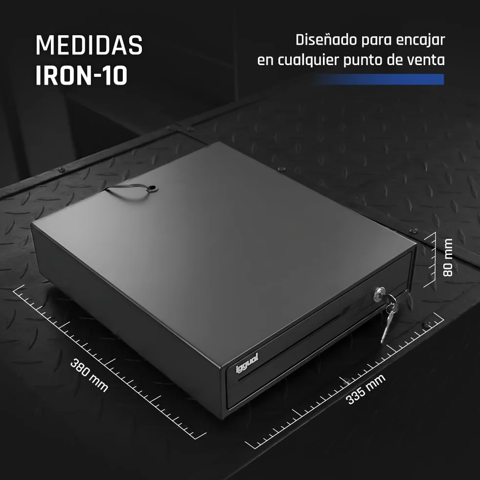 Cajón Portamonedas IRON-10 Caja Efectivo Registradora Manual Automática 4 Billetes 6 Monedas Cerradura 3 Posiciones Acero Plástico Negro 38x33.5x8