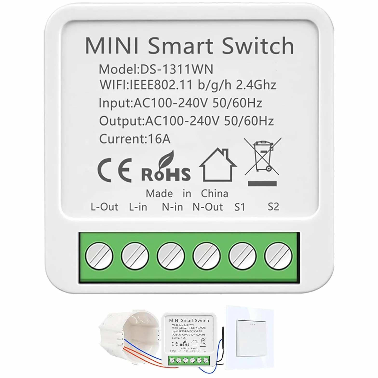 Interruptor WIFI, Interruptor Inteligente WIFI, Mini Smart Switch WIFI Compatible con Alexa,Tuya y Smart Life, Max 16A, 2.4GHz Interruptor Alexa