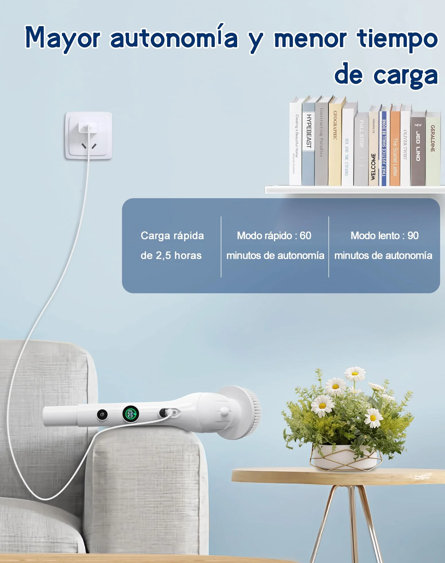 Cepillo Electrico Limpieza Hogar con 2 Velocidades, 4 Cabezales, 2500 mAh Batería, Impermeabilidad IPX7, Mango Ajustable, USB Recargable Cepillo Limpieza Eléctrico para Baño, Cocina, Suelos