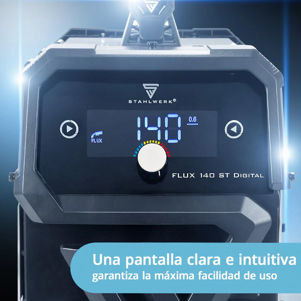 STAHLWERK Soldadora FLUX 140 ST Digital – Soldadura con hilo hueco sin gas protector hasta 140 A, compacta, avance de hilo sinérgico, luz LED integrada, función Lift-TIG & MMA (Electrodo/ARC), IGBT