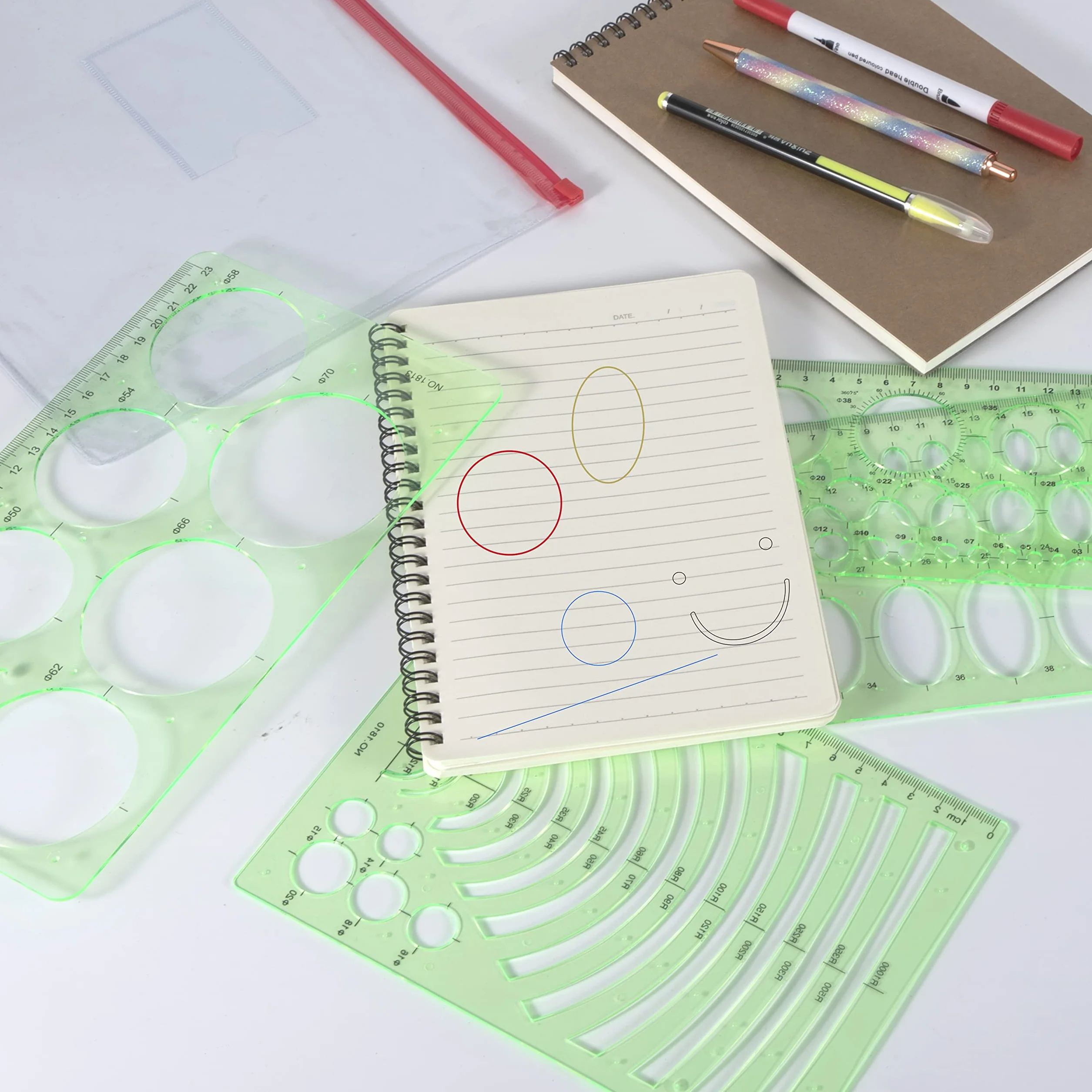 Plantilla de Círculos Reglas Geométricas de Plástico 4 Piezas Verde Transparente