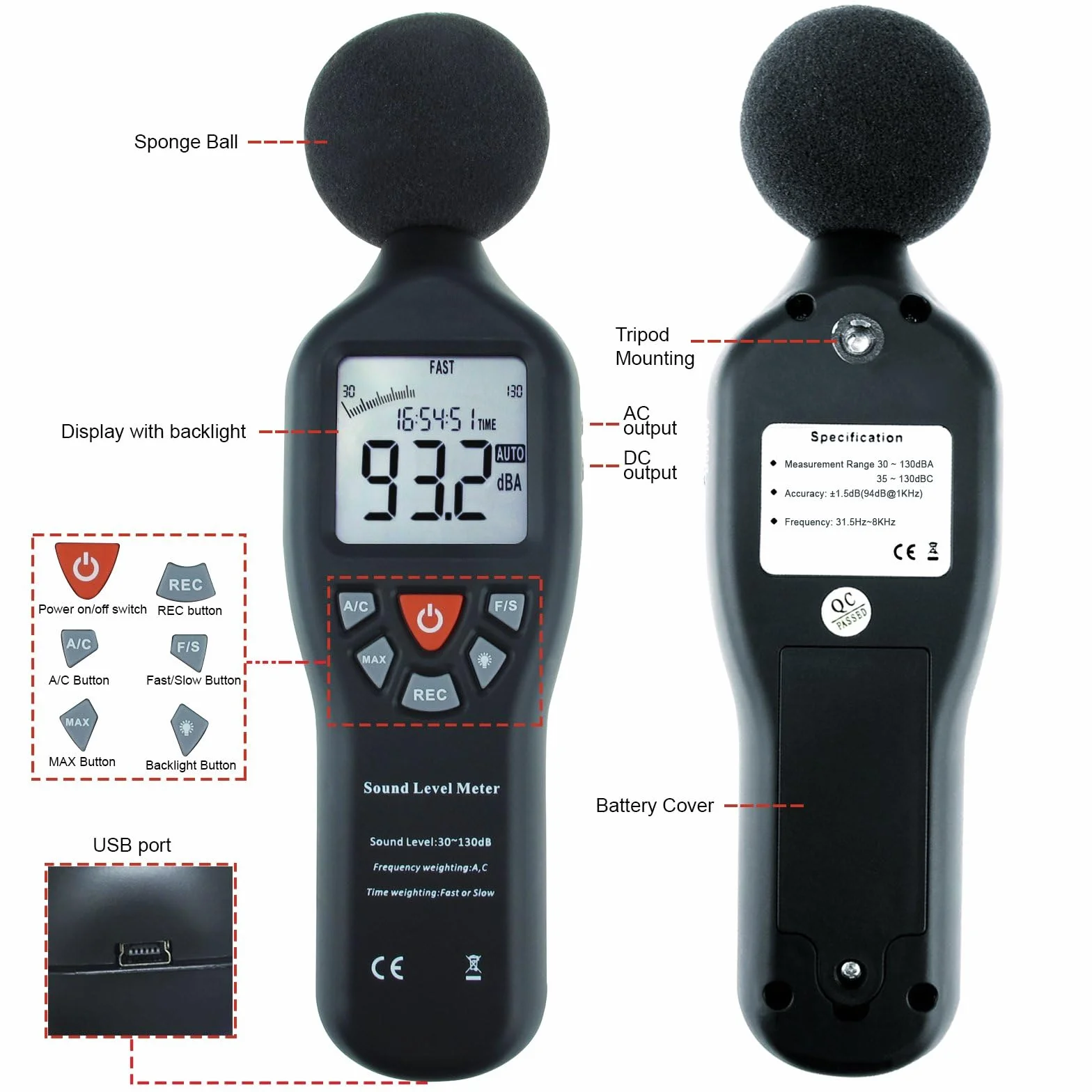 Profesional Medidor de Nivel de Sonido de Alta Precisión 30dB-130dB con Pantalla Retroiluminada