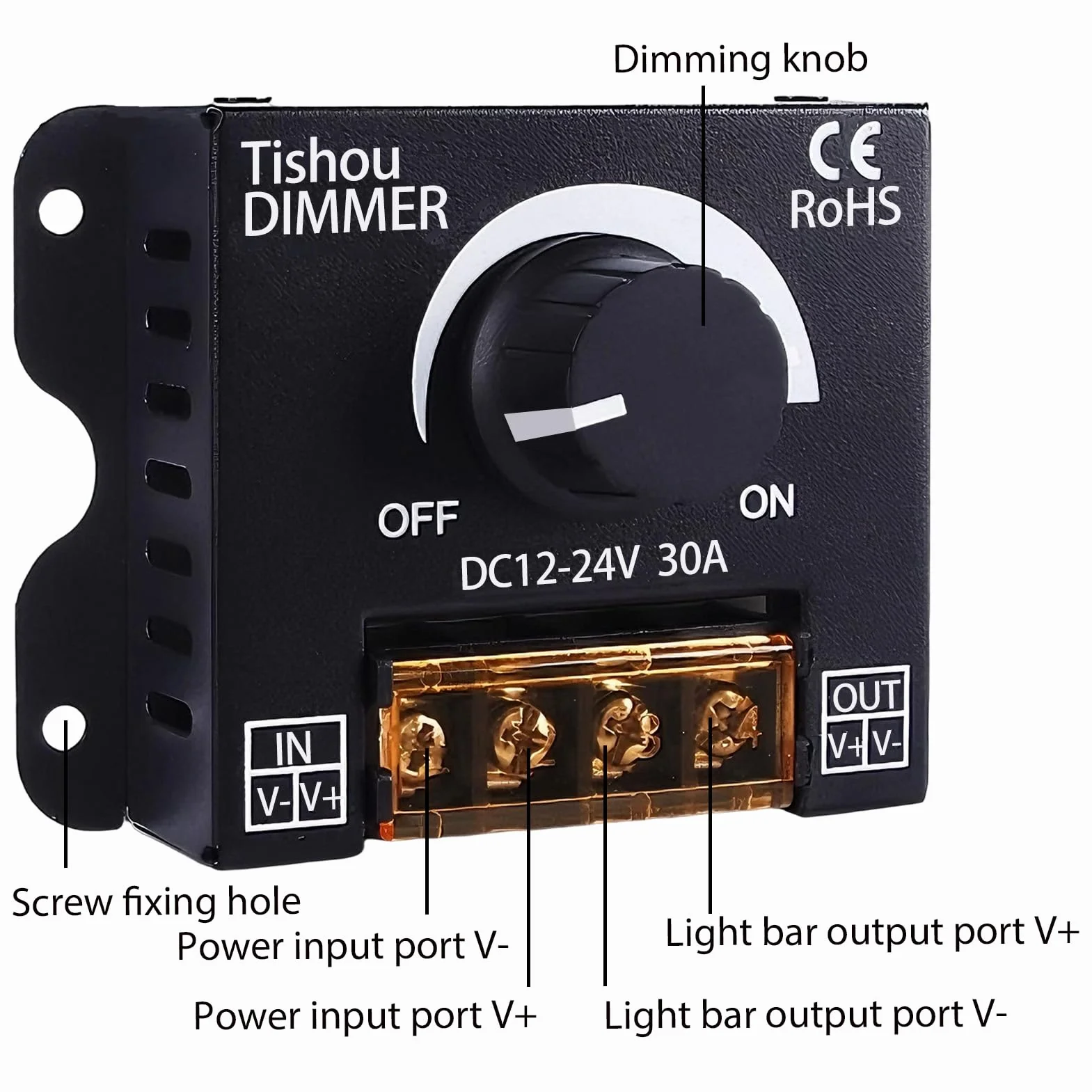Controlador LED 12V 24V 30A PWM Regulador de Intensidad con Botón On/Off, Dimmer para Tira LED Monocromática 5050 3528, Carcasa de Aluminio Duradera e Instalación Sencilla Compatible con Luces DC