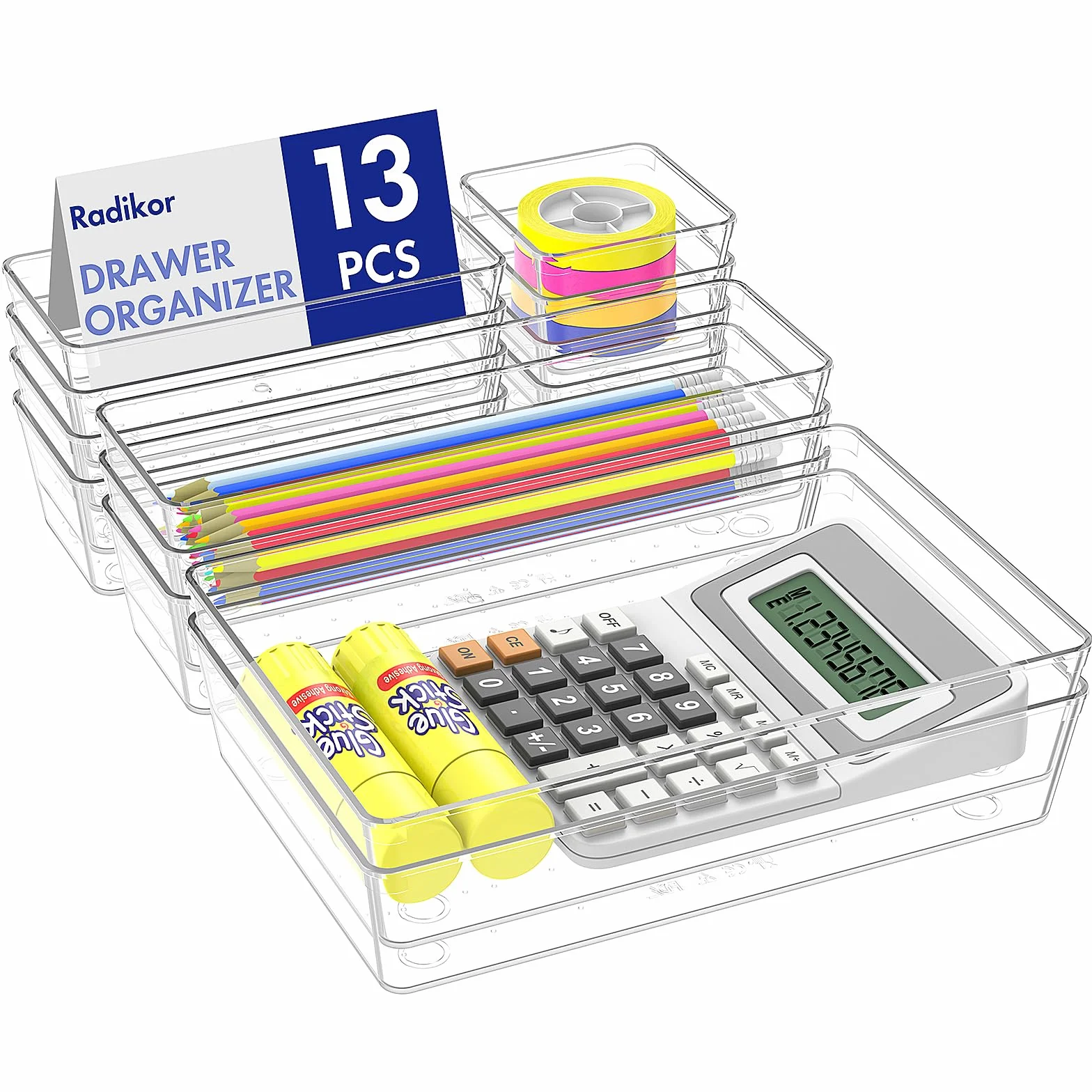 Organizadores de Cajones de Plástico Transparente Radikor 13 Piezas para Maquillaje Baño Cocina
