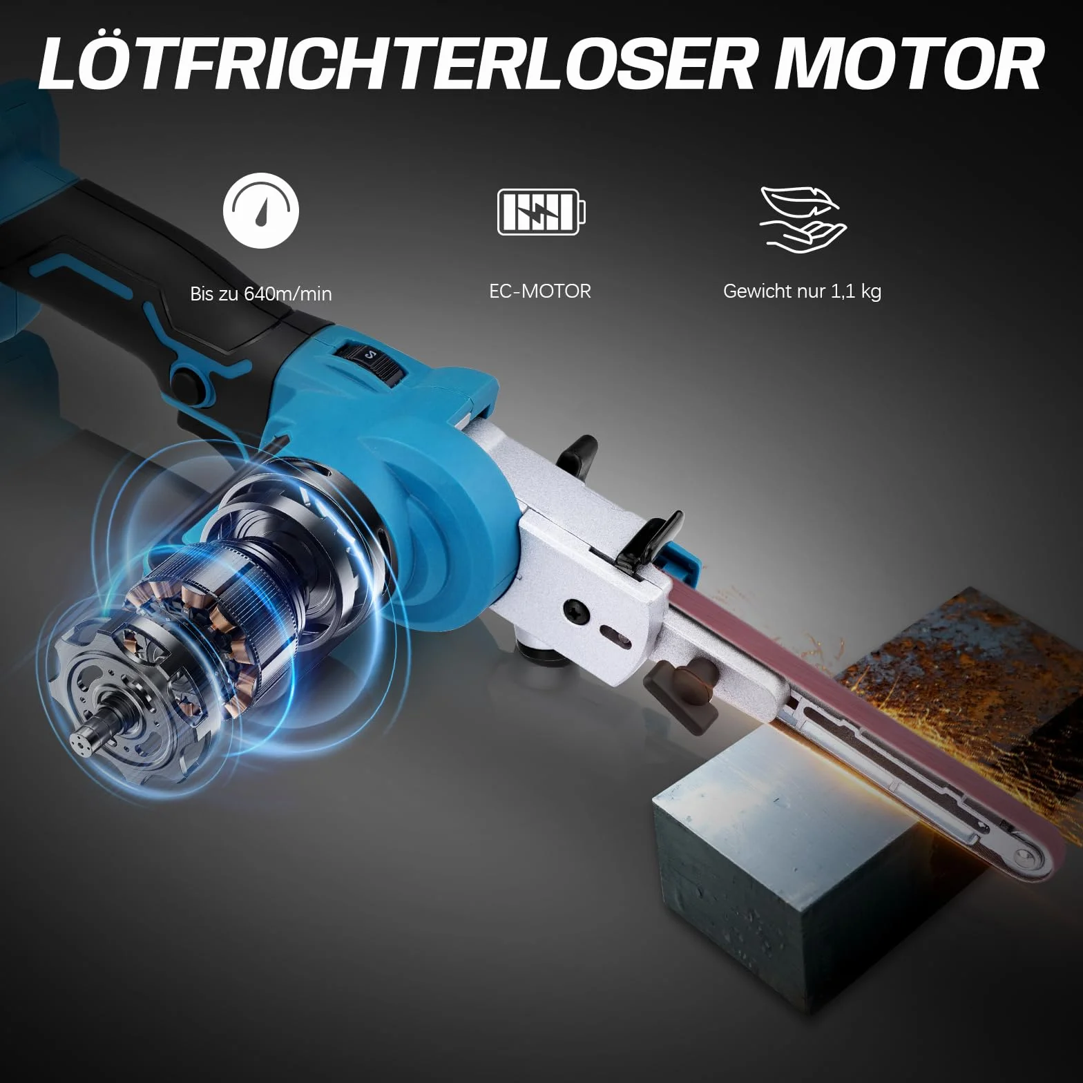 Lijadora de banda con 2 baterías de 2000 mAh, batería sin escobillas, lima de cinta | Con brazos de lijado de 9 mm y 13 mm, incluye 16 bandas de lijado, 6 velocidades, lijadora ajustable a 100°