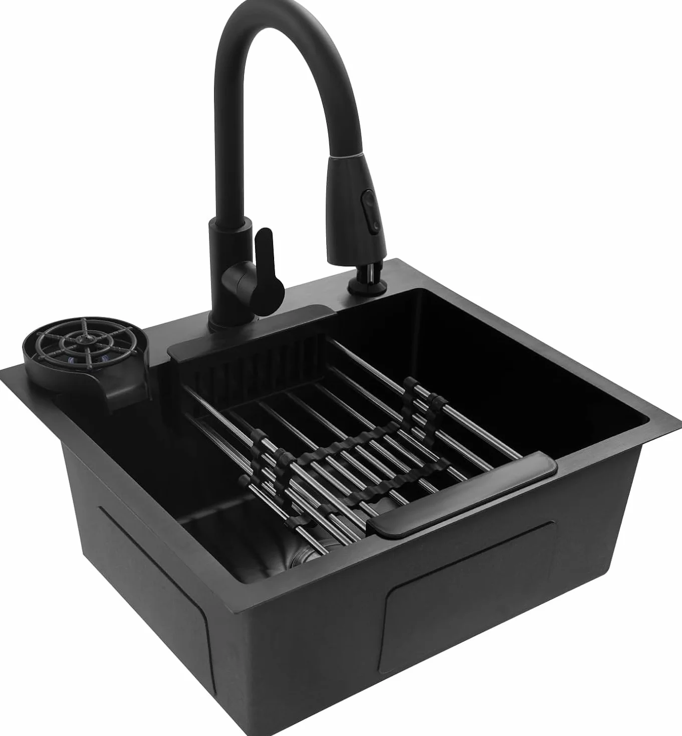 Fregadero negro 50x45 cm, fregadero de cocina de acero inoxidable, lavabo de cocina con grifo extraíble, dispensador de jabón, fregadero de cocina pequeño de acero inoxidable, fregadero empotrado incl