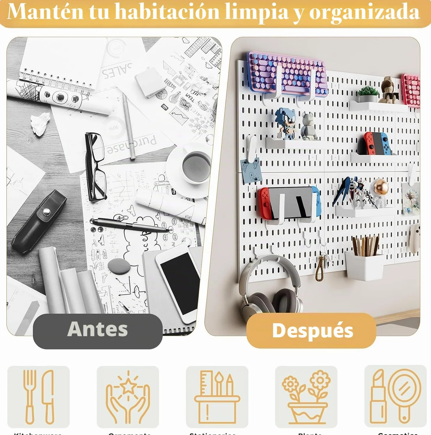 Kit de combinación de 4 piezas de tablero de clavijas, organizador de accesorios con contenedores, estantes y ganchos