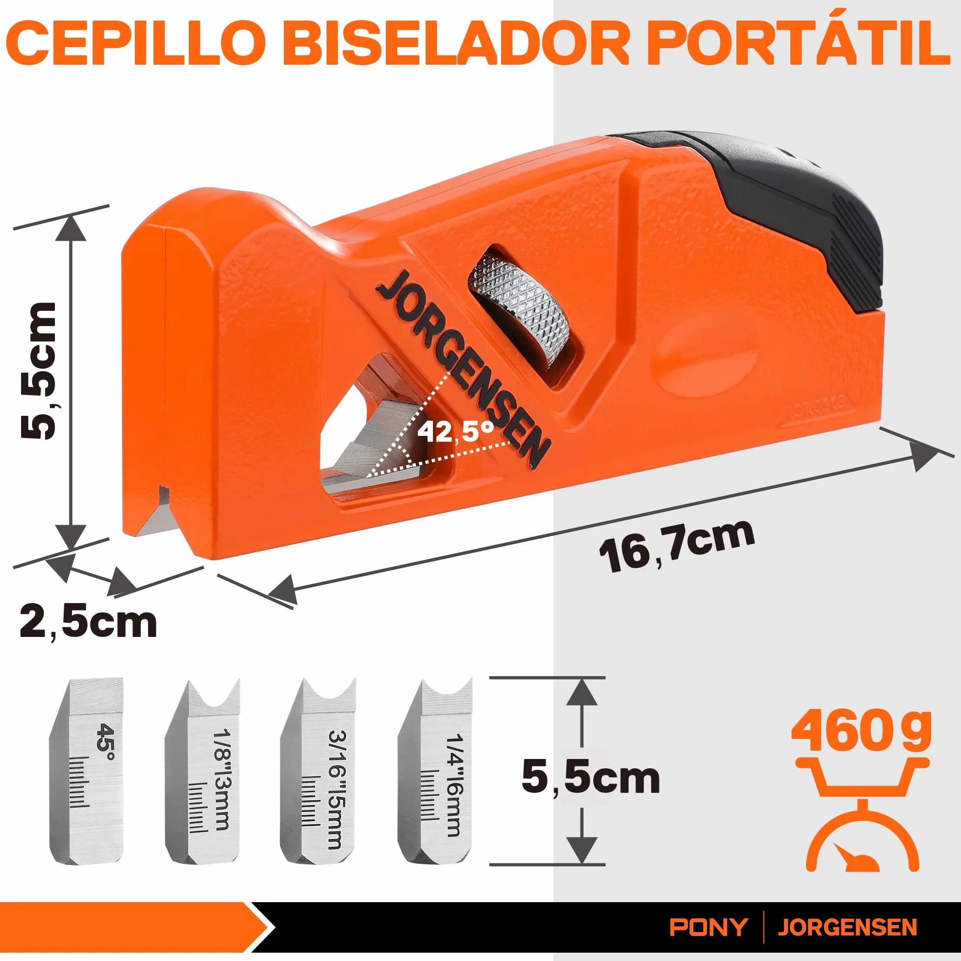 JORGENSEN Plano de chaflán para carpintería, herramienta de aplanamiento de esquinas de bordes para madera, cepilladora manual manual de 45° con 4 cabezales de corte para un recorte rápido de madera