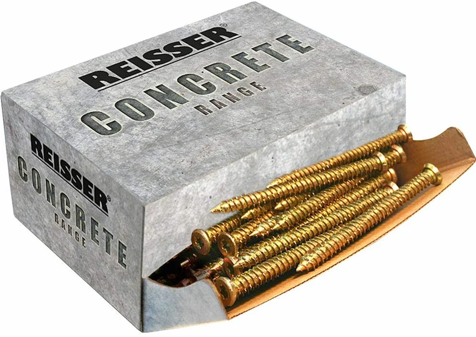 Tornillos de marco de hormigón de 7,5 x 112 mm (100), material de sujeción de acero, chapado en zinc amarillo, Reisser - Tornillos de marco de hormigón, estilo de cabeza de tornillo elevado/avellanado