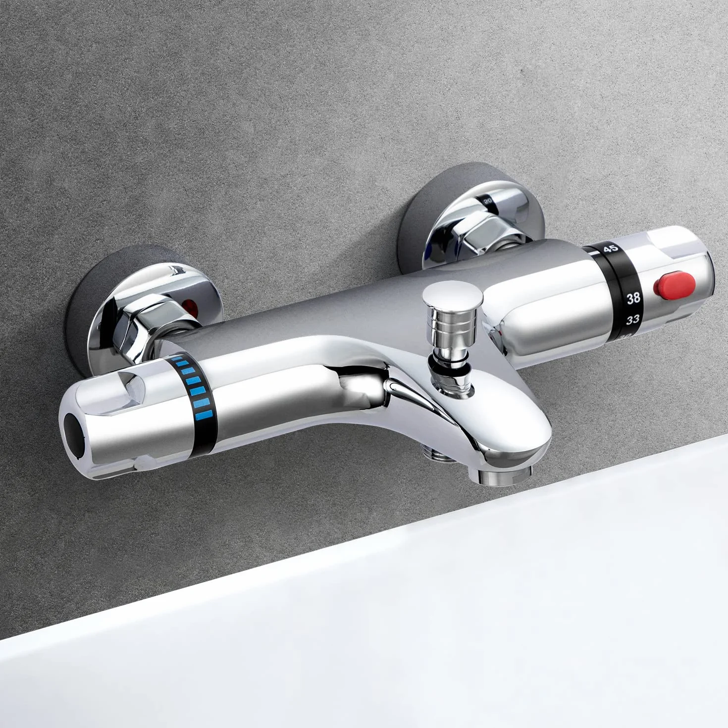 Grifo Termostatico Ducha Bañera Latón con Botón Seguridad 38℃ 2 Salidas