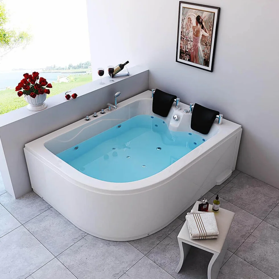 Home Deluxe - Bañera de hidromasaje - BLUE OCEAN XL izquierda, blanca, dimensiones: 180 x 120 x 65 cm - incl. cojín cervical, grifería y bomba de hidromasaje I Bañera de hidromasaje para 2 personas,