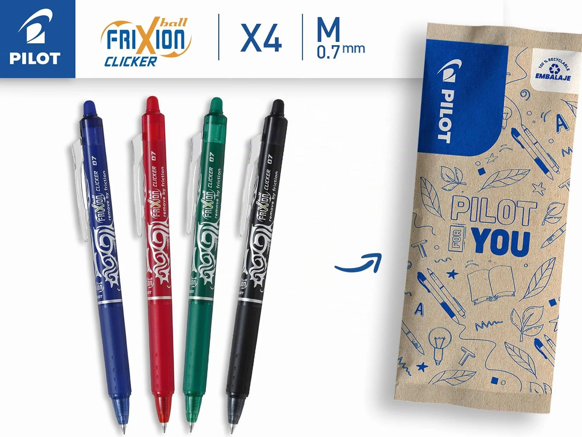 PILOT FriXion Ball Clicker 07 Pack 4 Bolígrafos Borrables Tinta Termosensible Roller Retráctil Recargable Negro Azul Rojo Verde Punta Media