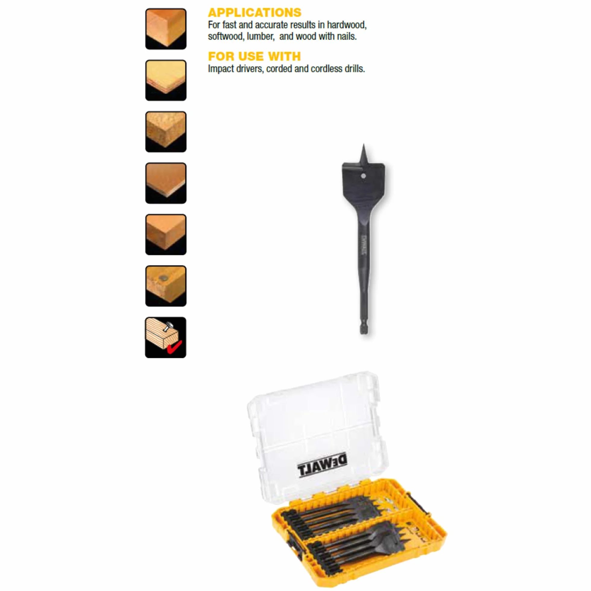 DeWalt DT70751-QZ DT70751-QZ-Tough Case Mediana con 9 Brocas de Pala para Madera. Ø 12, 14, 16, 18, 20, 22, 25, 28, 32 mm (Env. 9 Ud.)