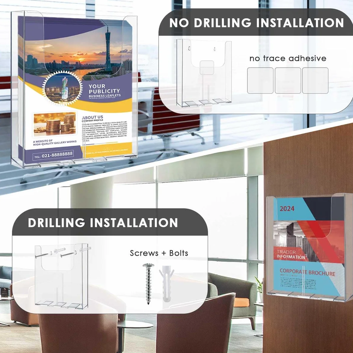 Soporte para Folletos Pared Transparente A4 Acrílico 2PCS con Tornillos