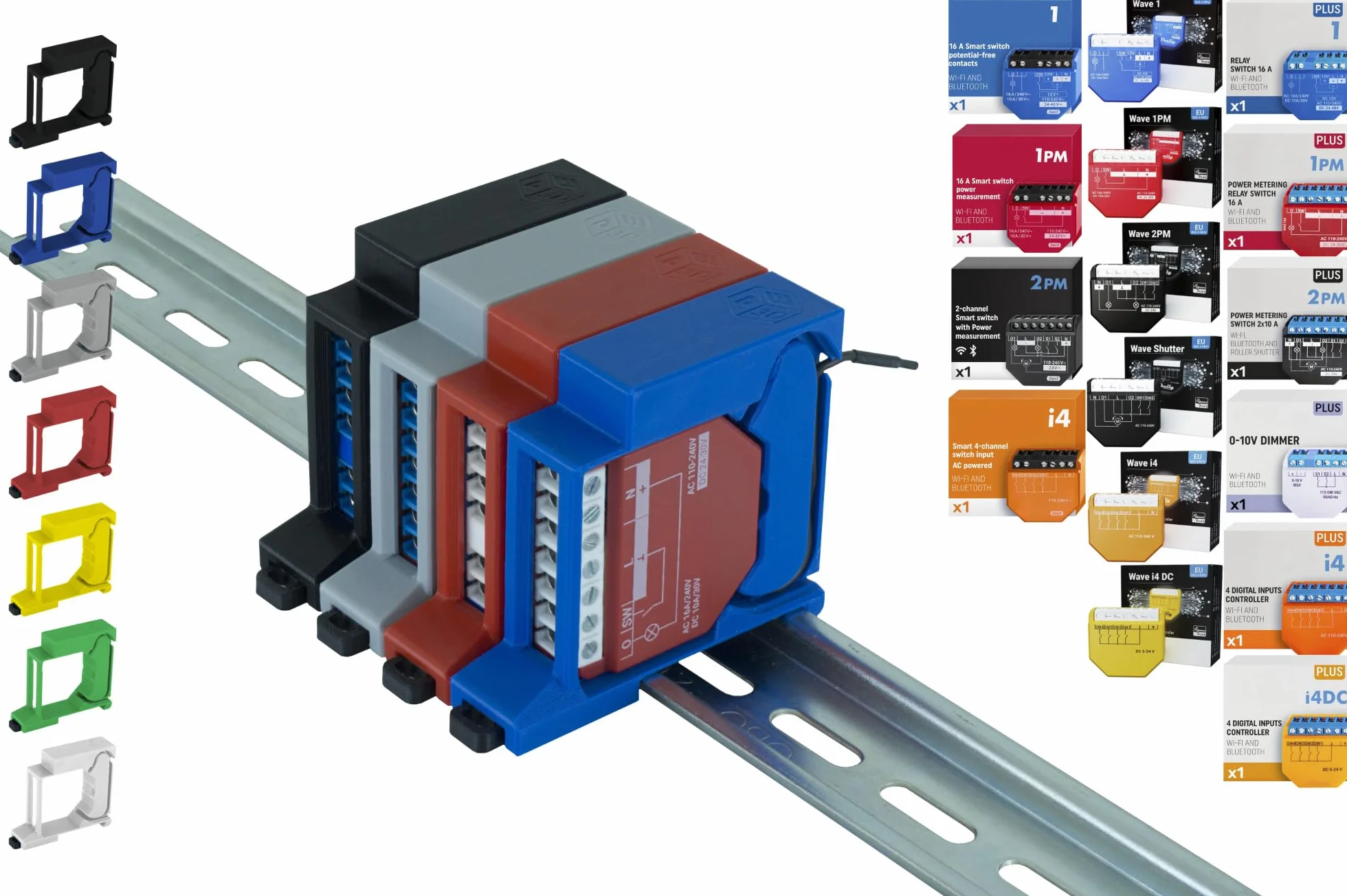 Soporte de carril "Single" para 18 Shellys: 1 Gen3, 1PM Gen3, 2PM Gen3, i4 Gen3, Plus 1, Plus 1PM, Plus 2PM, Plus i4, Plus 0-10V Dimmer, Wave 1, Wave 1PM, Wave 2PM, Wave Shutter, Wave i4 (Gris)