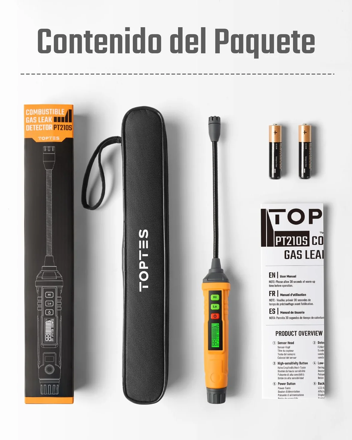 Detector de Gas Natural, TopTes PT210S Detector portátil de Fugas de Gas con sonda de 4 Pulgadas para localizar Gases combustibles como Gas Natural, midiendo%LEL (baterías Incluidas) - Naranja