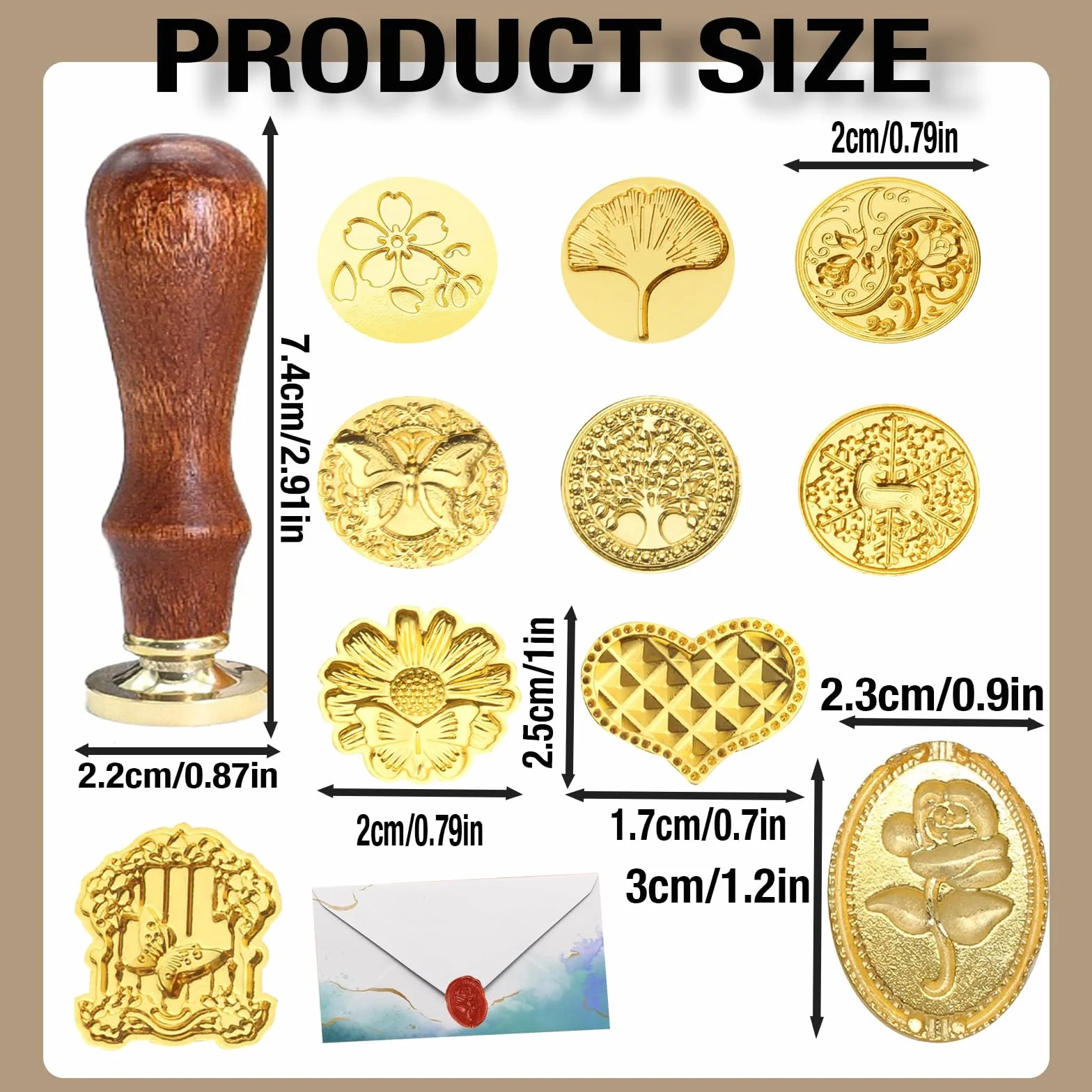 Juego de sello de cera 11 piezas con 10 cabezales metal grabados y mango madera