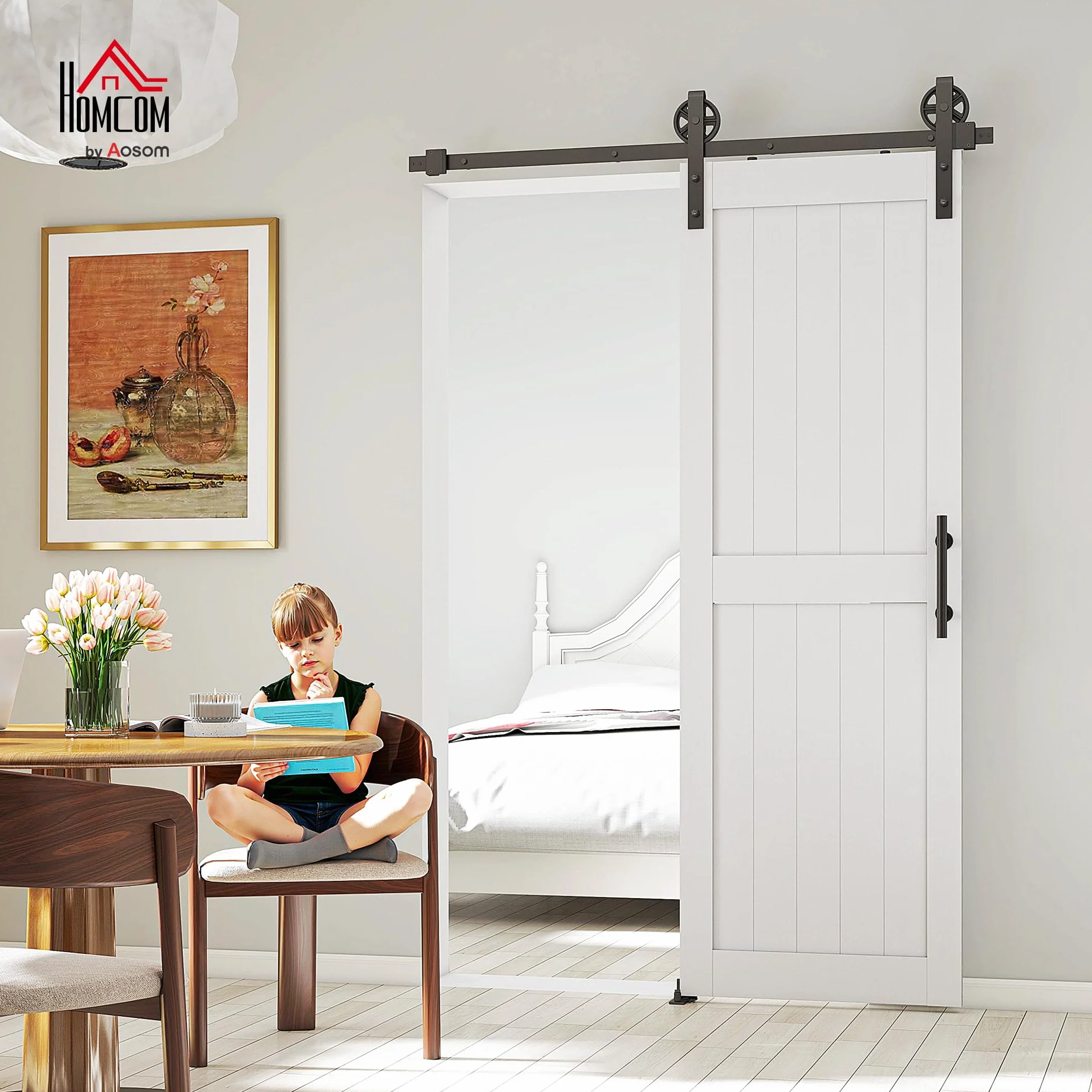 HOMCOM Puerta Corredera de Granero con Herrajes 71,5x213,4 cm Puerta Corredera de Interior con Manija Rodillo y Guía de Suelo Mejorados para Baño Salón Sala de Estar Blanco
