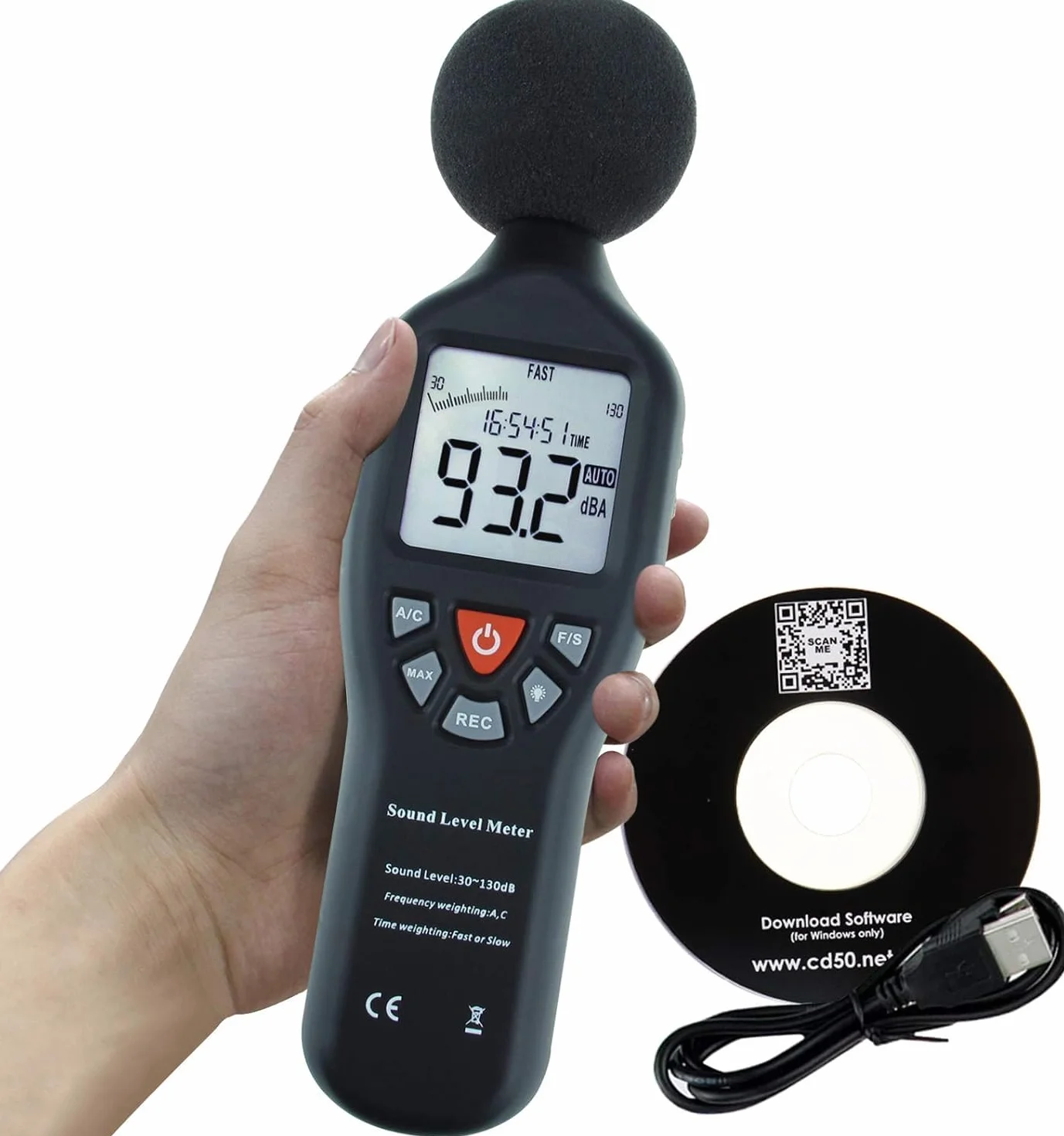 Instrumento Compacto Profesional Digital Sonido Nivel Metro Decibel con Retroiluminado Monitor Alto Exactitud Medición 30dB-130dB con Datos Grabar Función