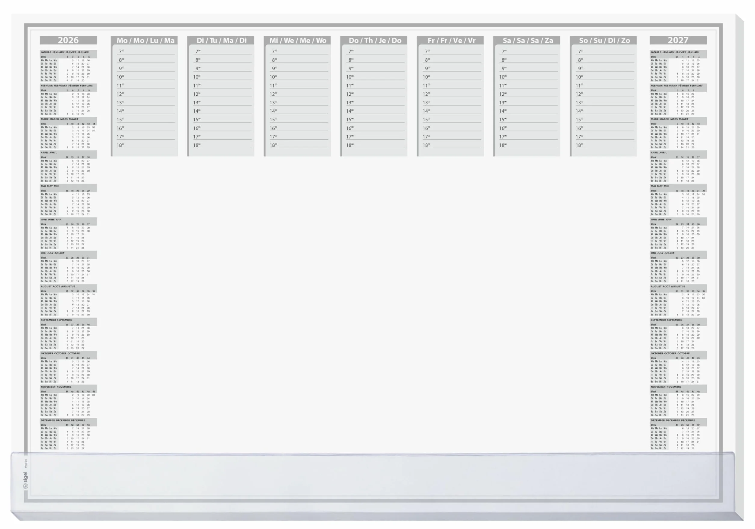 SIGEL H6366 Vade de papel de sobremesa- planing semanal - gris - aprox A2-2026/2027 - DE/EN/FR/NL - 40 hojas - certificación FSC