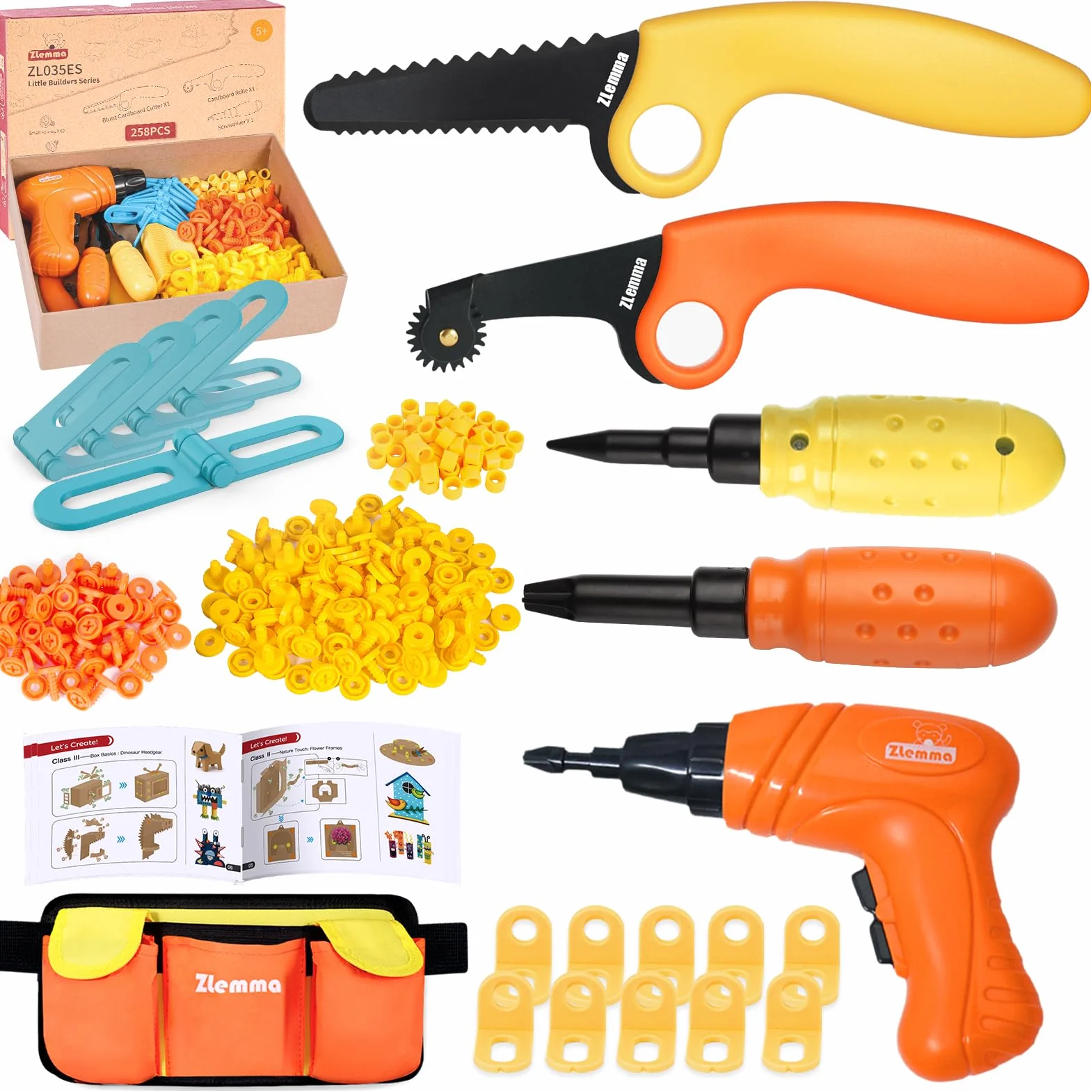 Juego de herramientas para niños (258 piezas, con taladro, cinturón, tornillos, tuercas, bisagras y piezas móviles, caja de regalo reutilizable, juguete educativo DIY