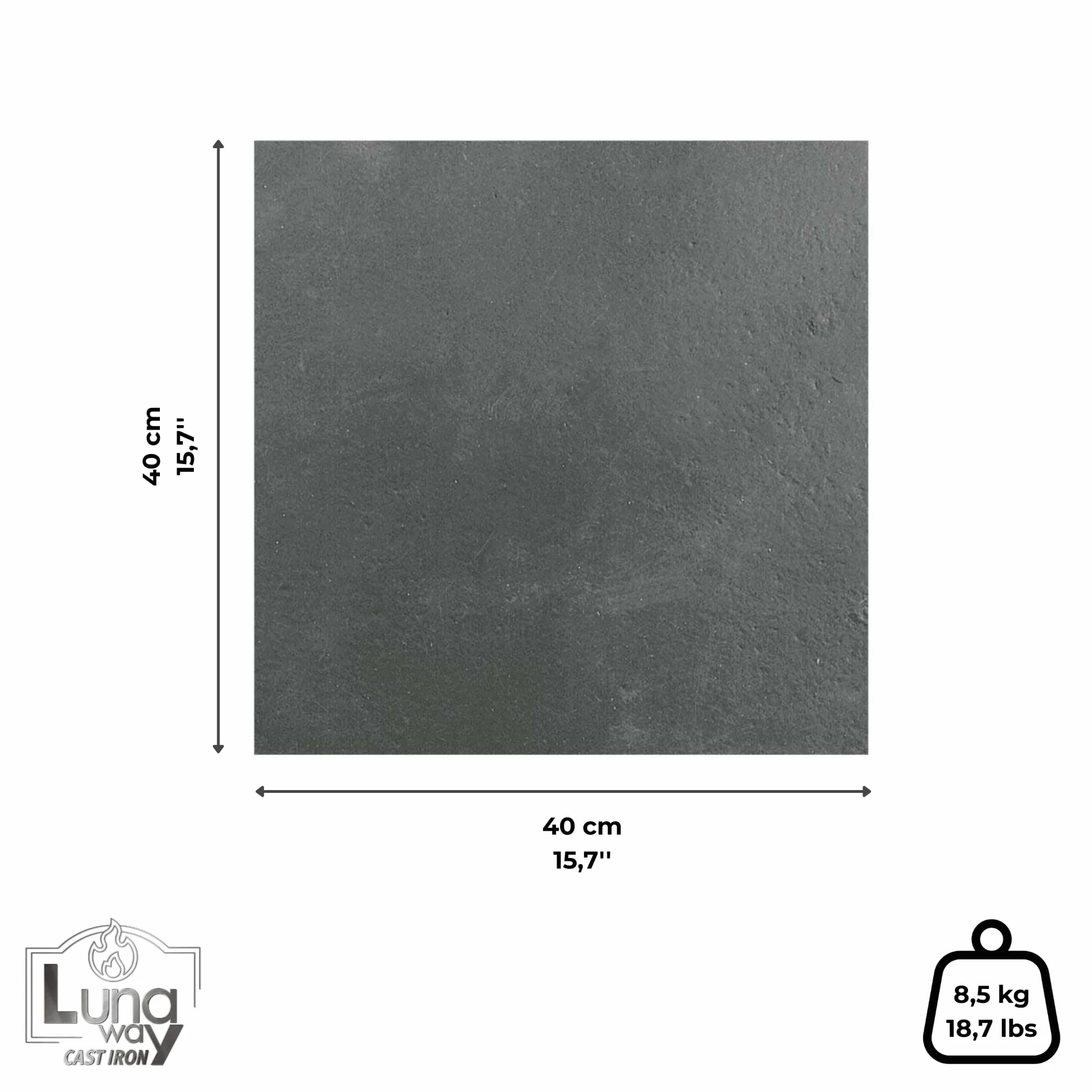 Lunaway – Placa Lisa de Hierro Fundido para Revestimiento de Chimenea | Grosor 0,8 cm (40 x 40 cm)