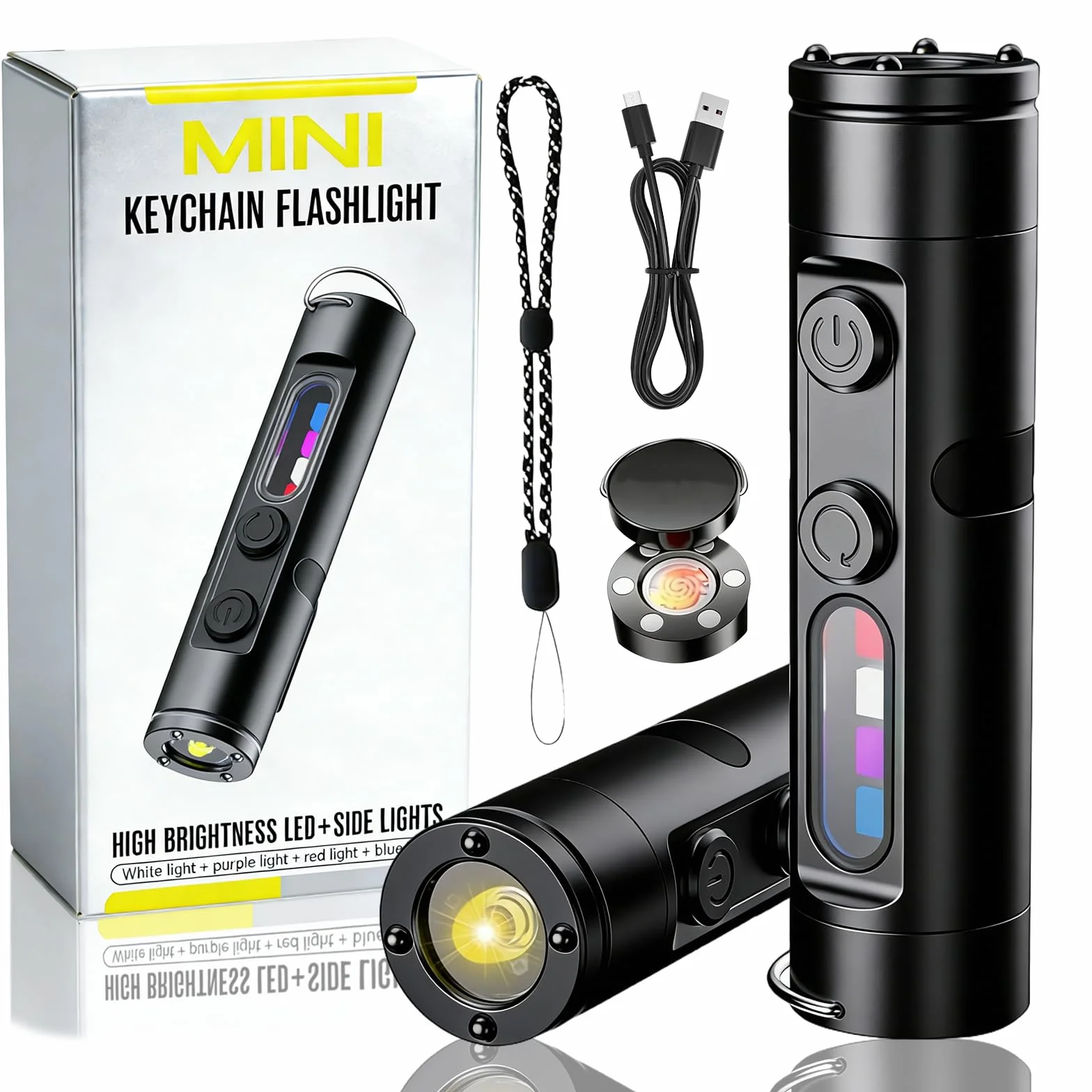 Pocket Rechargeable EDC Flashlight, 500 High Lumens Mini Keychain Light with Fire Starter & Window Breaker, 9 Lighting Modes, Compact LED Light for Camping, Hiking, Emergency (Black,Ignition type)